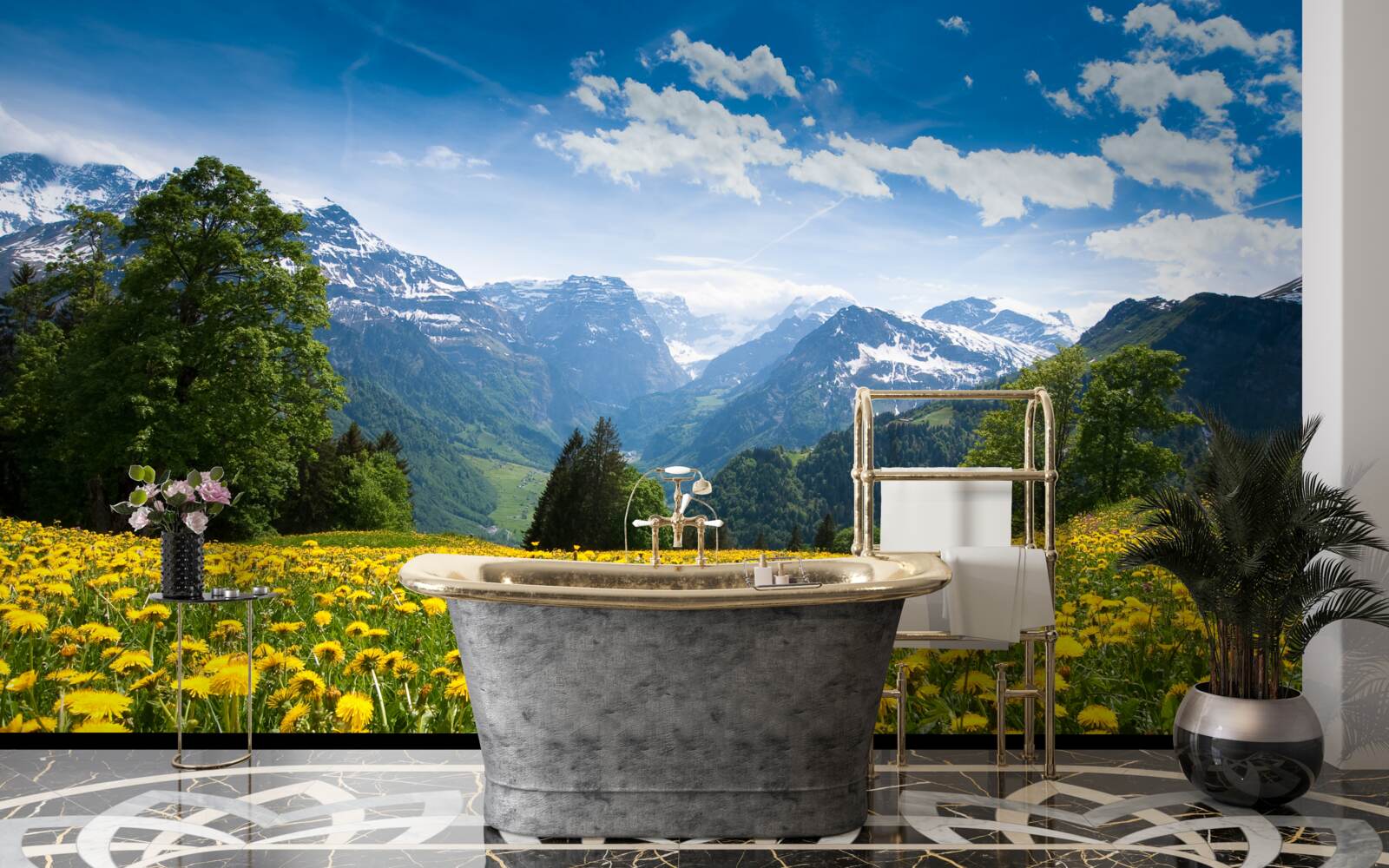 Fototapet peisaj montan cu un câmp de maci decorat cu păpădii galbene