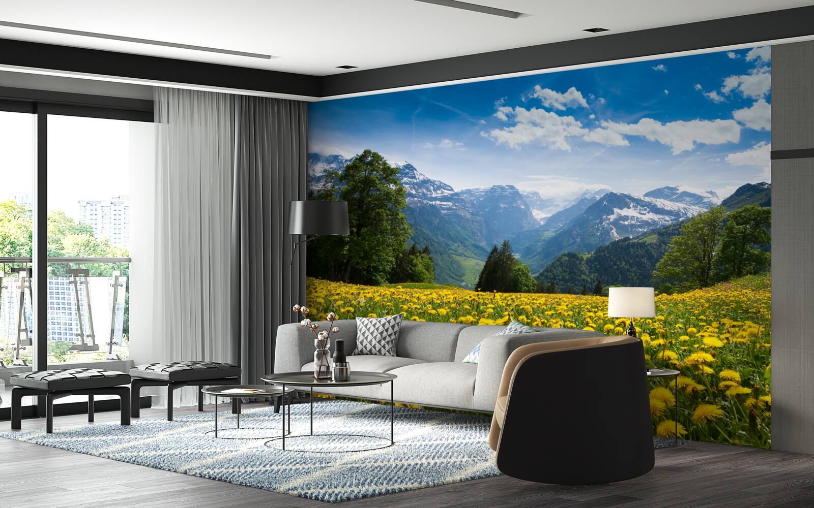 Fototapet peisaj montan cu un câmp de maci decorat cu păpădii galbene