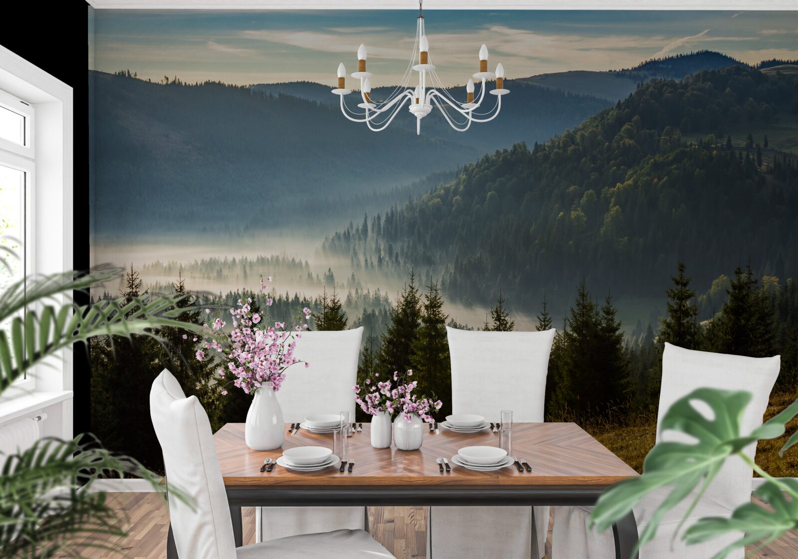 Fototapet pădurea densă de toamnă este învăluită într-o ceață mai densă