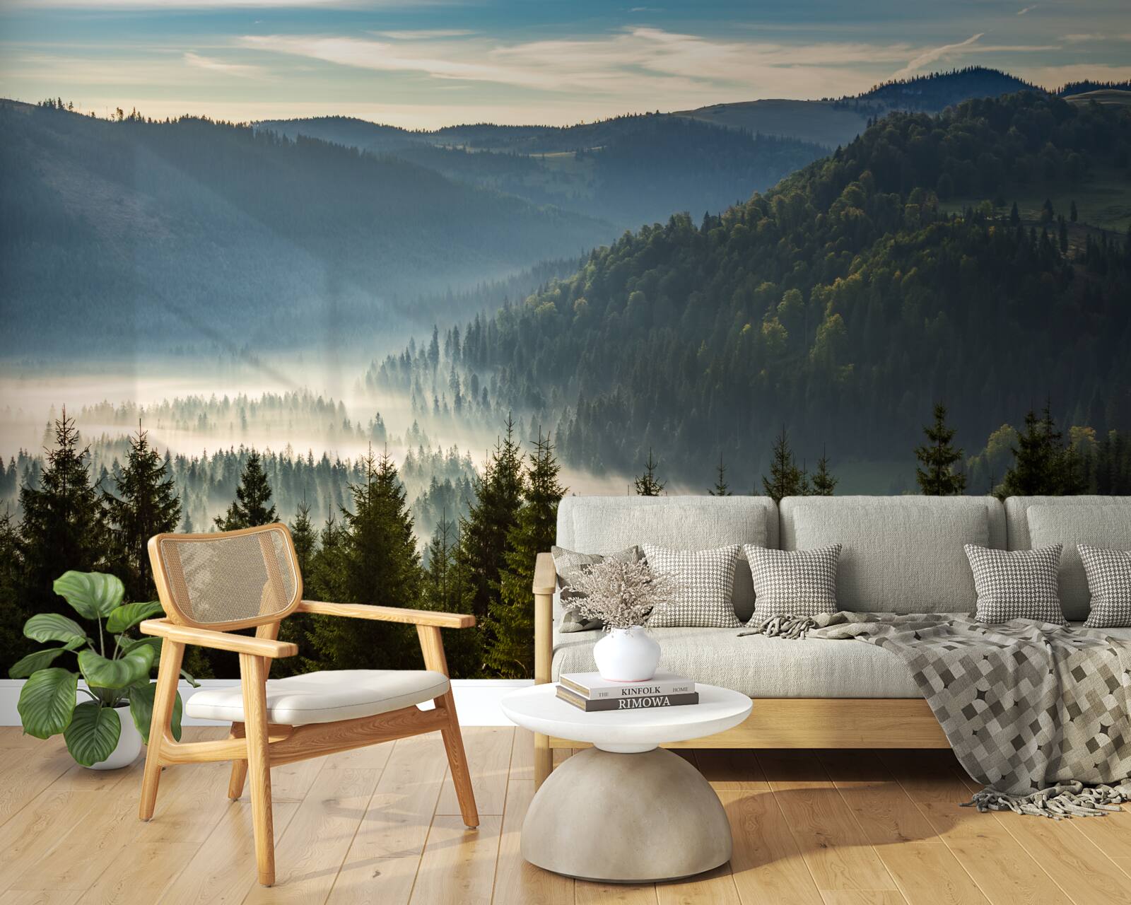 Fototapet pădurea densă de toamnă este învăluită într-o ceață mai densă