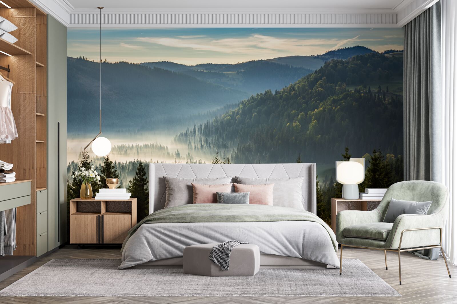 Fototapet pădurea densă de toamnă este învăluită într-o ceață mai densă