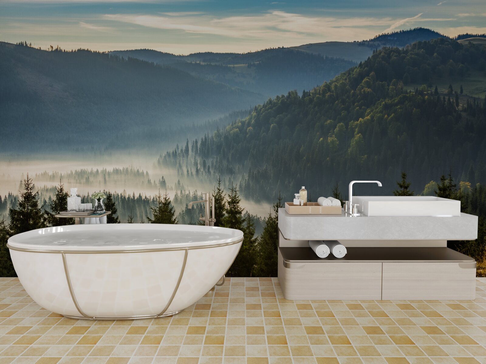 Fototapet pădurea densă de toamnă este învăluită într-o ceață mai densă