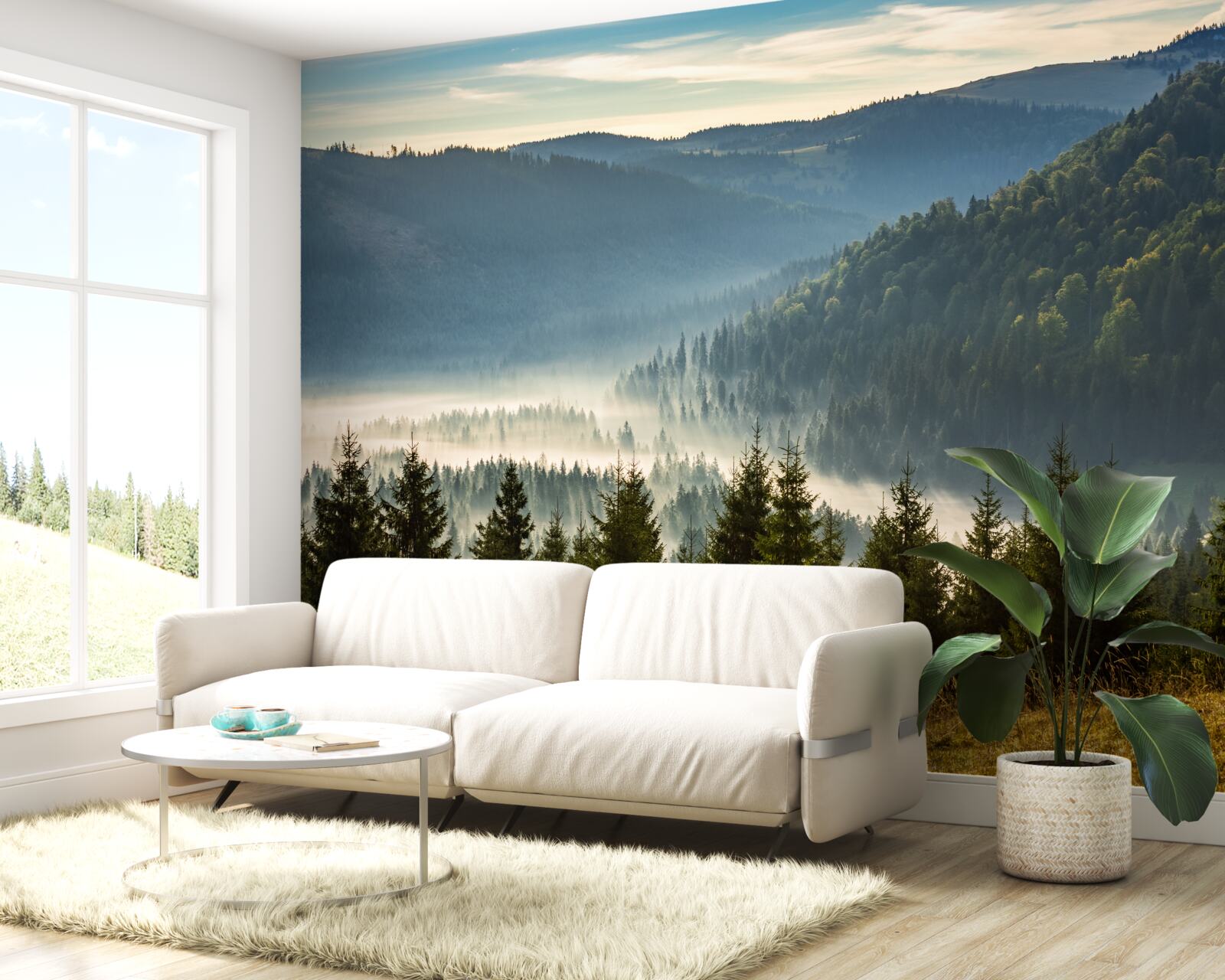 Fototapet pădurea densă de toamnă este învăluită într-o ceață mai densă