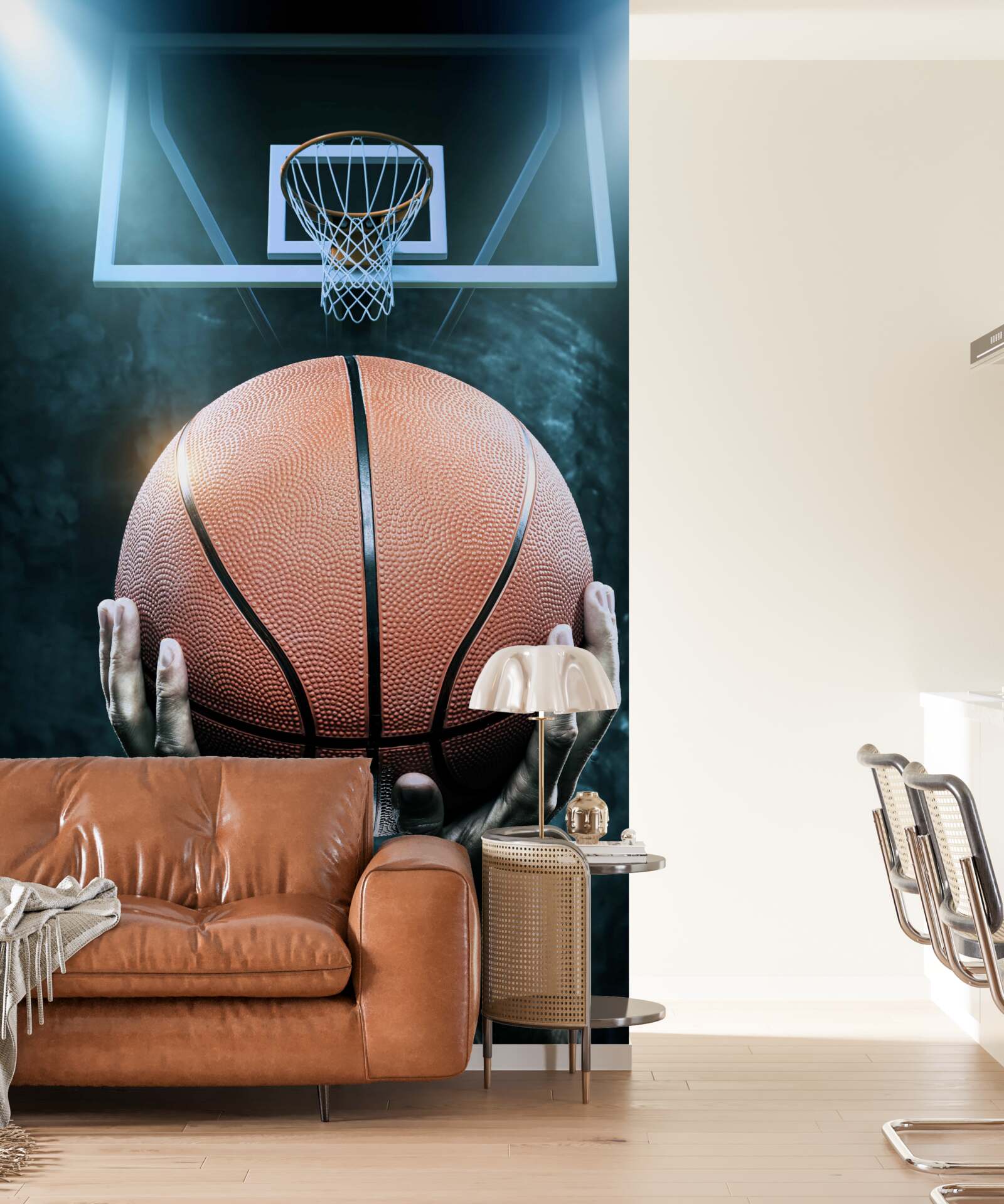 Fototapet o minge de baschet este ținută în fundalul cercului