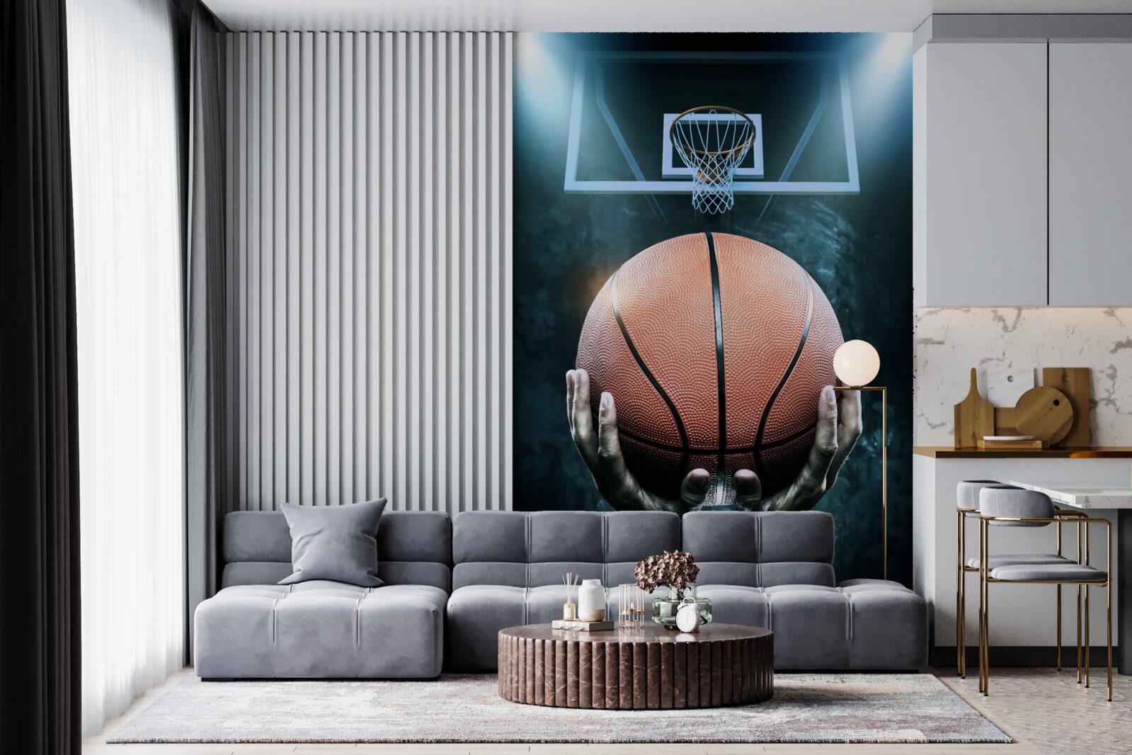 Fototapet o minge de baschet este ținută în fundalul cercului