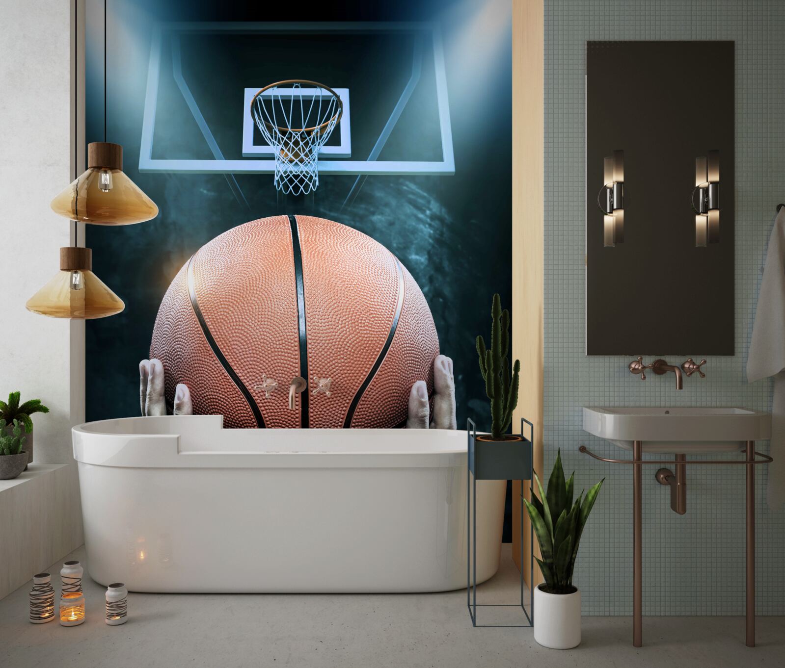 Fototapet o minge de baschet este ținută în fundalul cercului