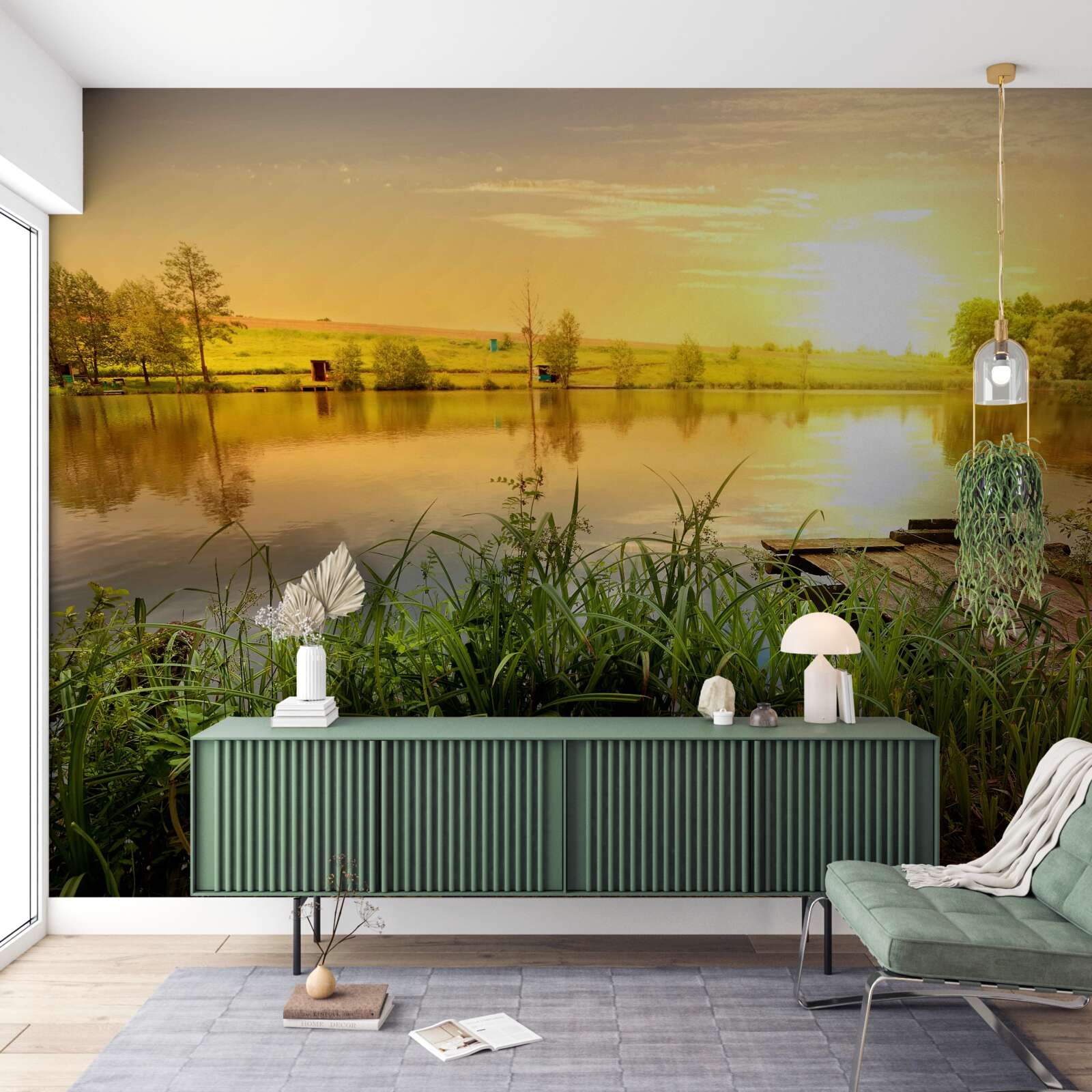 Fototapet răsărit de soare luminos pe un lac liniștit