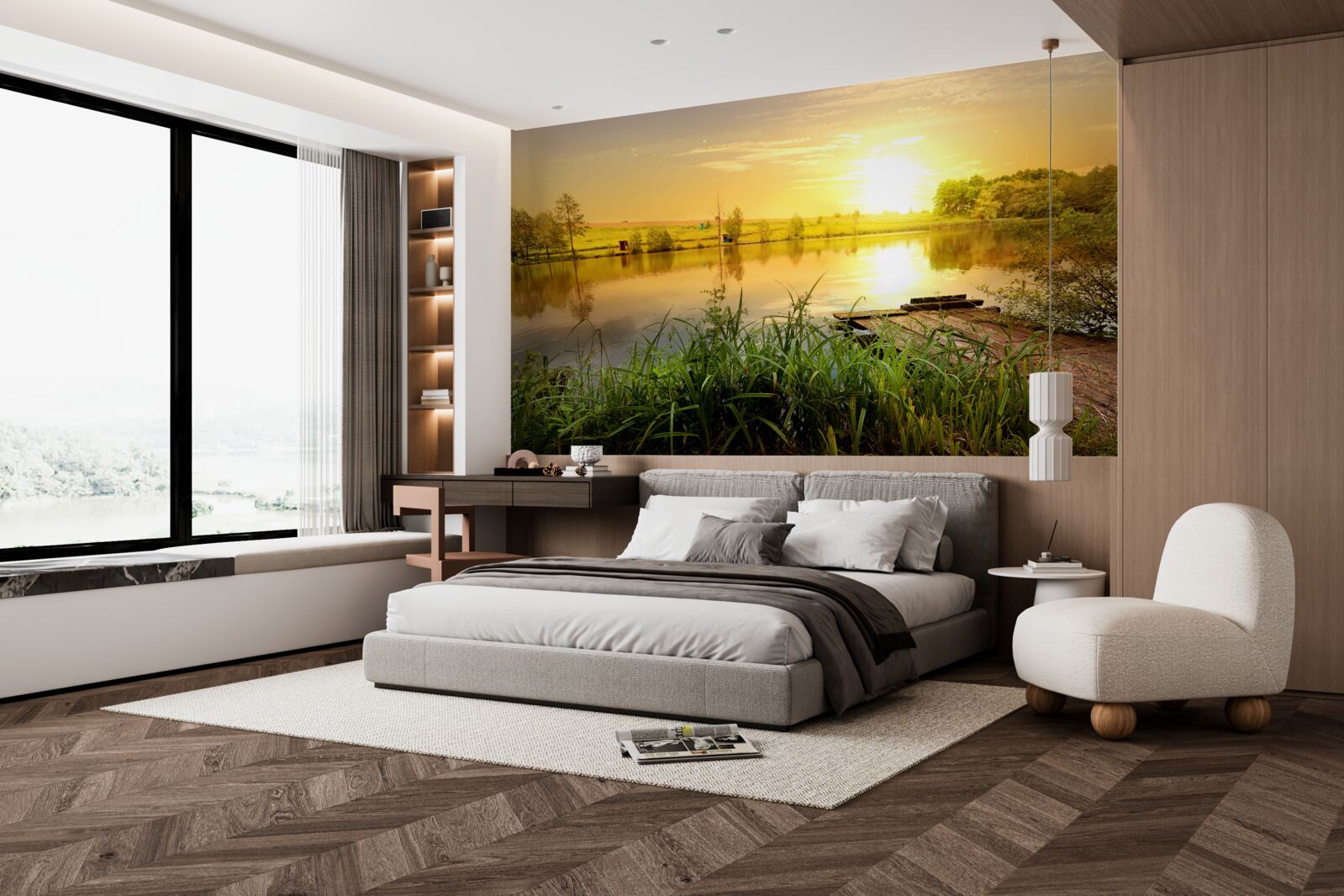 Fototapet răsărit de soare luminos pe un lac liniștit