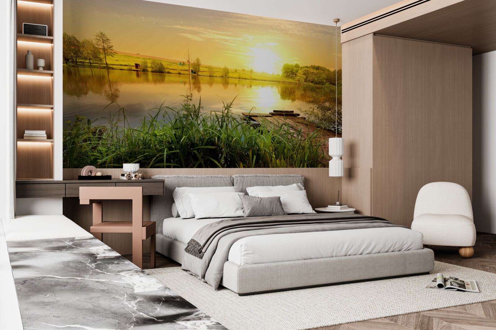 Fototapet răsărit de soare luminos pe un lac liniștit