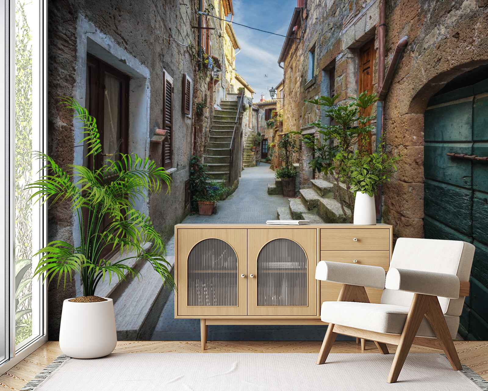 Fototapet stradă istorică din piatră în timpul amurgului