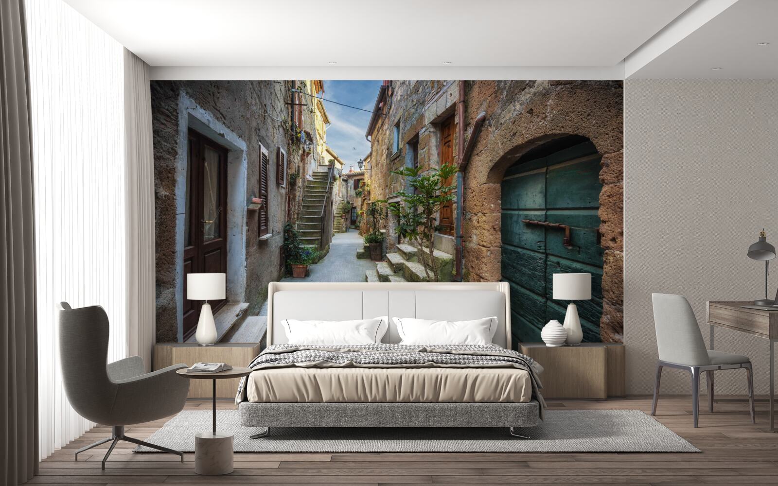 Fototapet stradă istorică din piatră în timpul amurgului