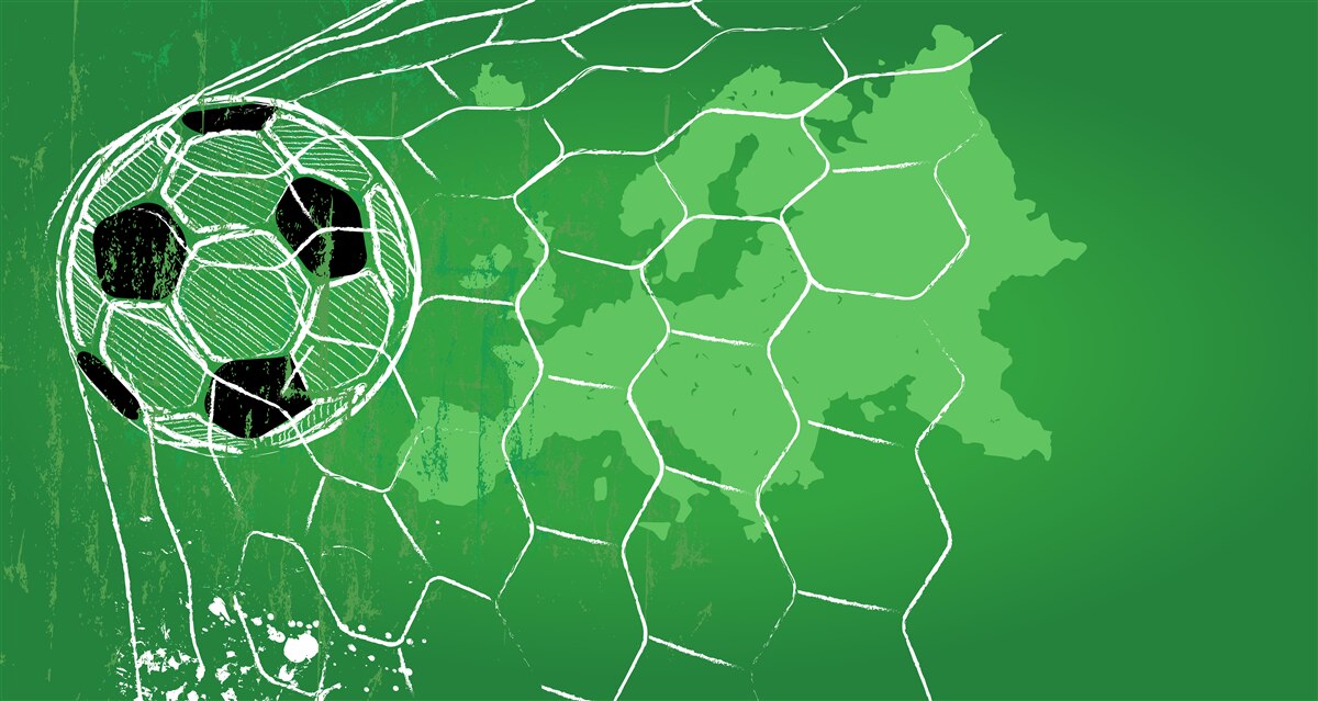 Fototapet contur de o minge de fotbal și o plasă în picioare pe un fundal verde