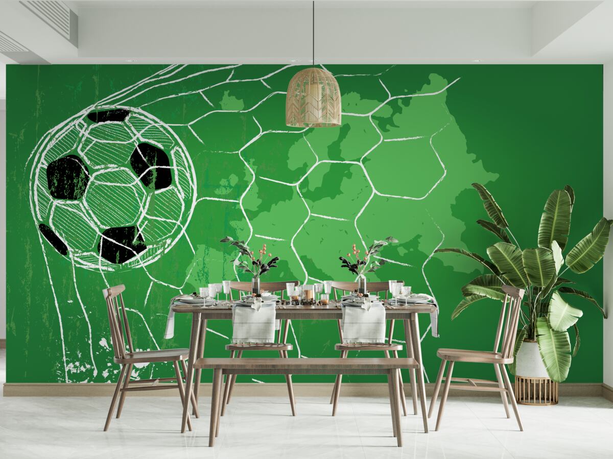 Fototapet contur de o minge de fotbal și o plasă în picioare pe un fundal verde