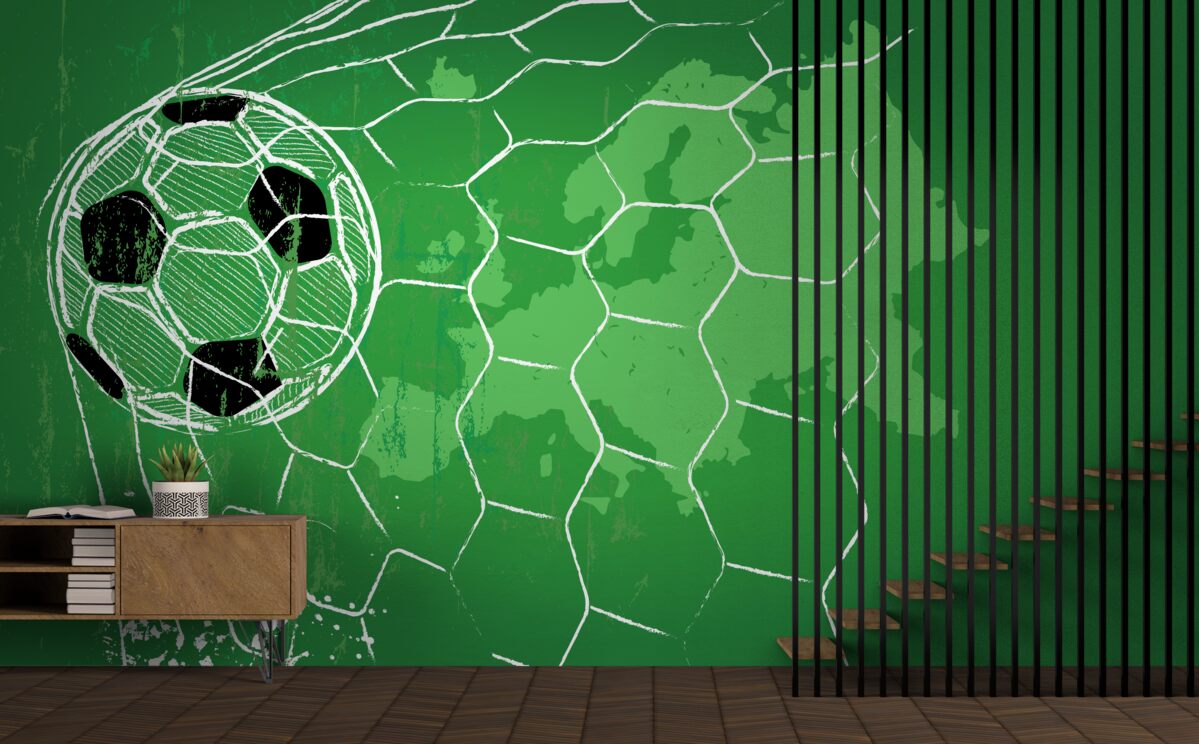 Fototapet contur de o minge de fotbal și o plasă în picioare pe un fundal verde
