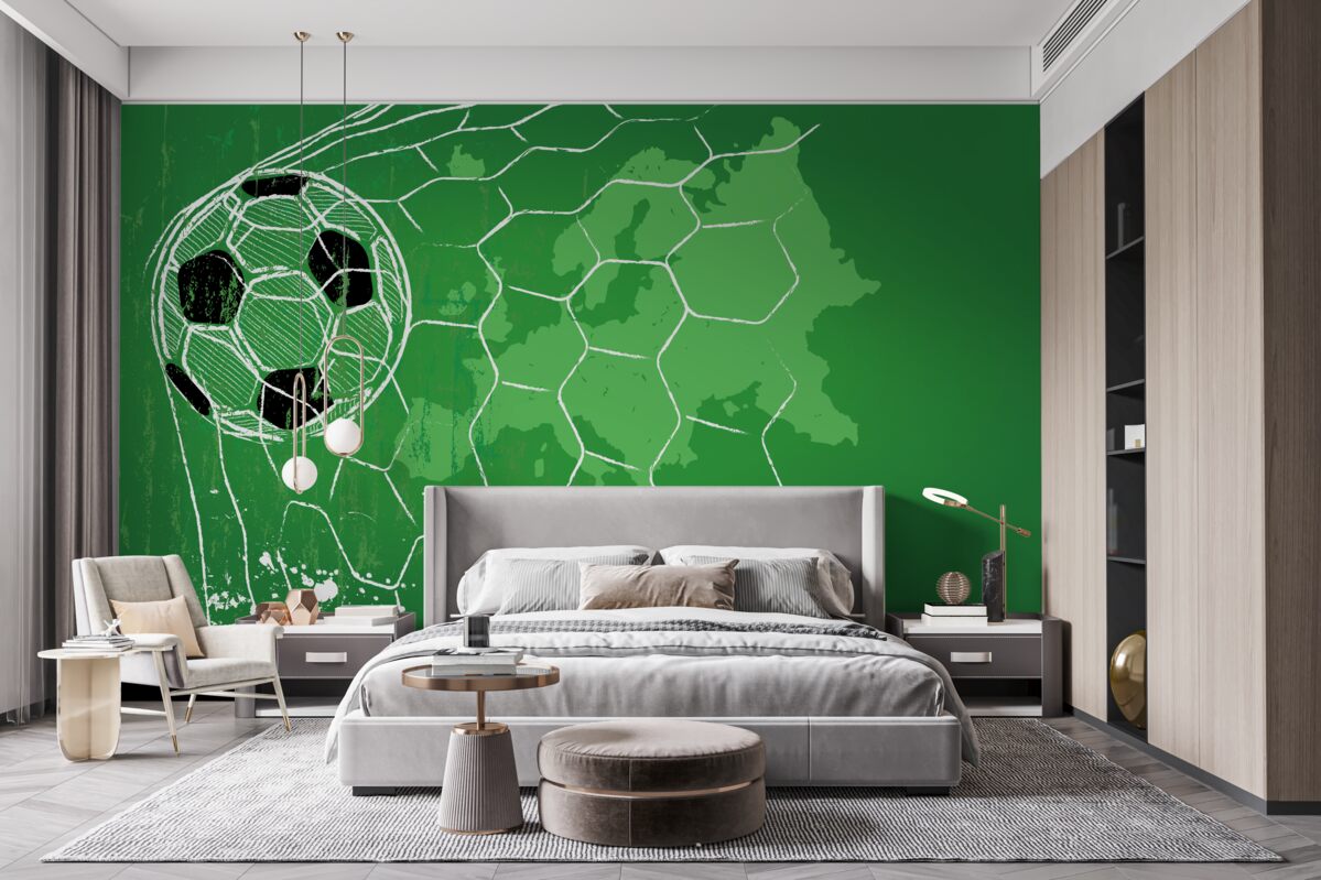 Fototapet contur de o minge de fotbal și o plasă în picioare pe un fundal verde