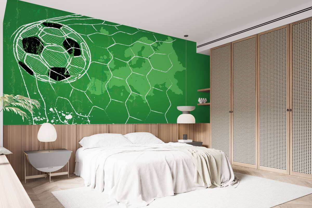 Fototapet contur de o minge de fotbal și o plasă în picioare pe un fundal verde