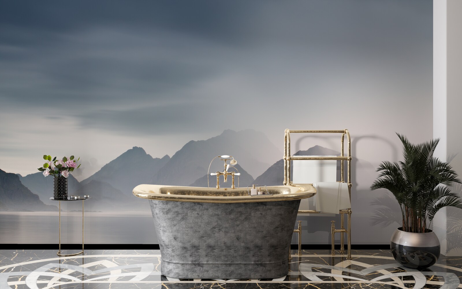 Fototapet ceață densă coboară în apele care duc spre munți