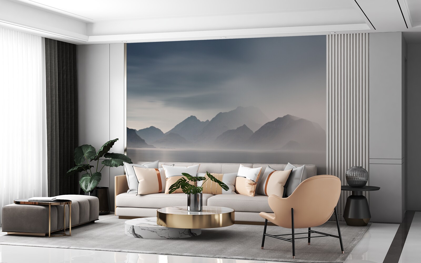 Fototapet ceață densă coboară în apele care duc spre munți