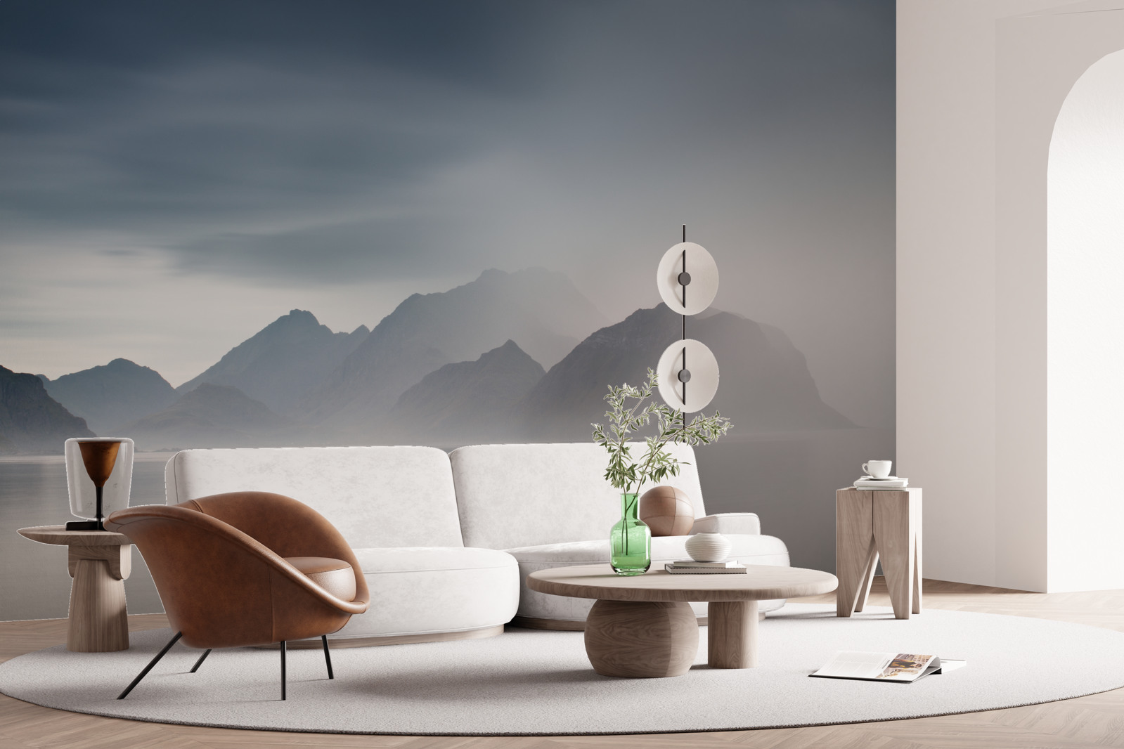 Fototapet ceață densă coboară în apele care duc spre munți