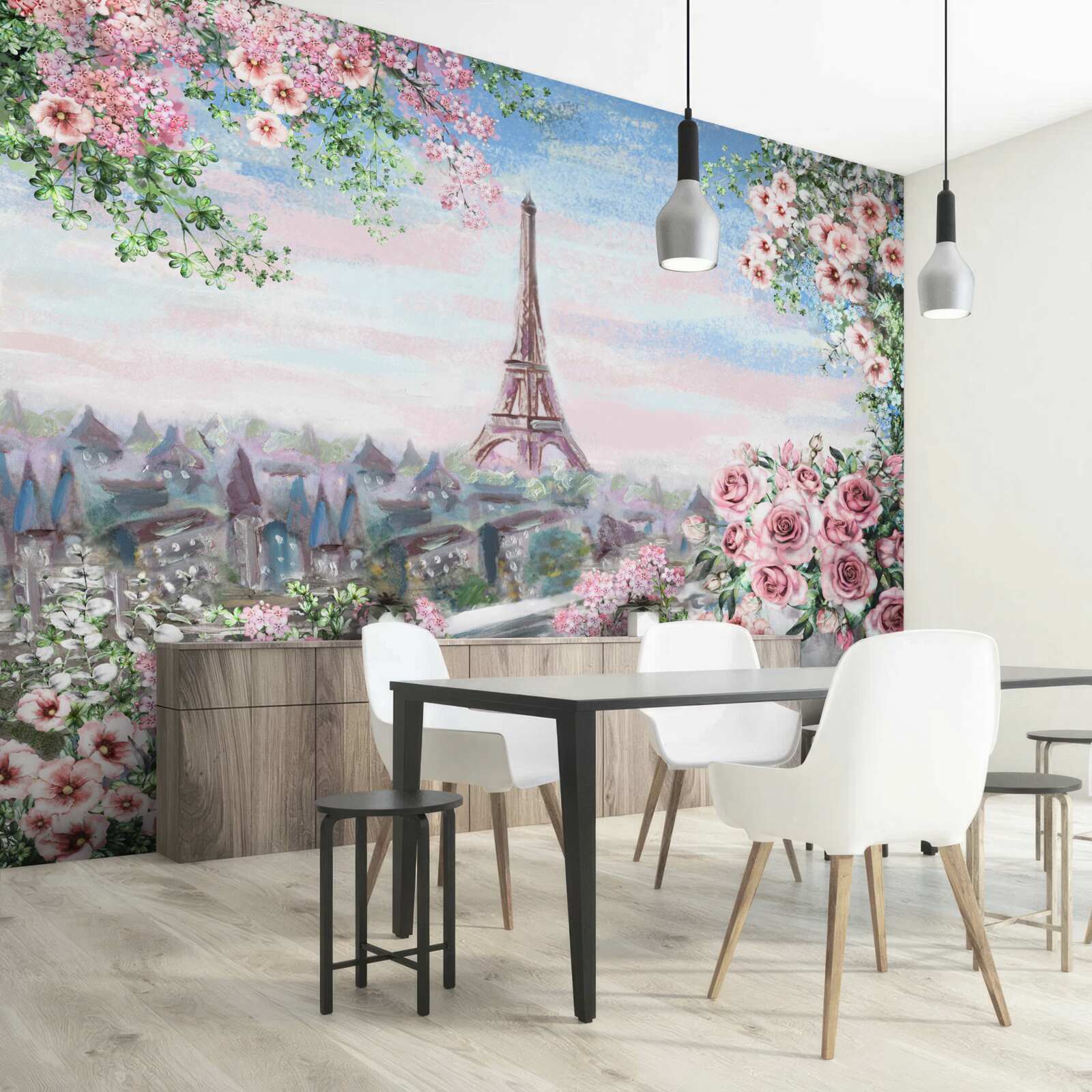 Fototapet flori roz într-o grădină vizavi de turnul eiffel