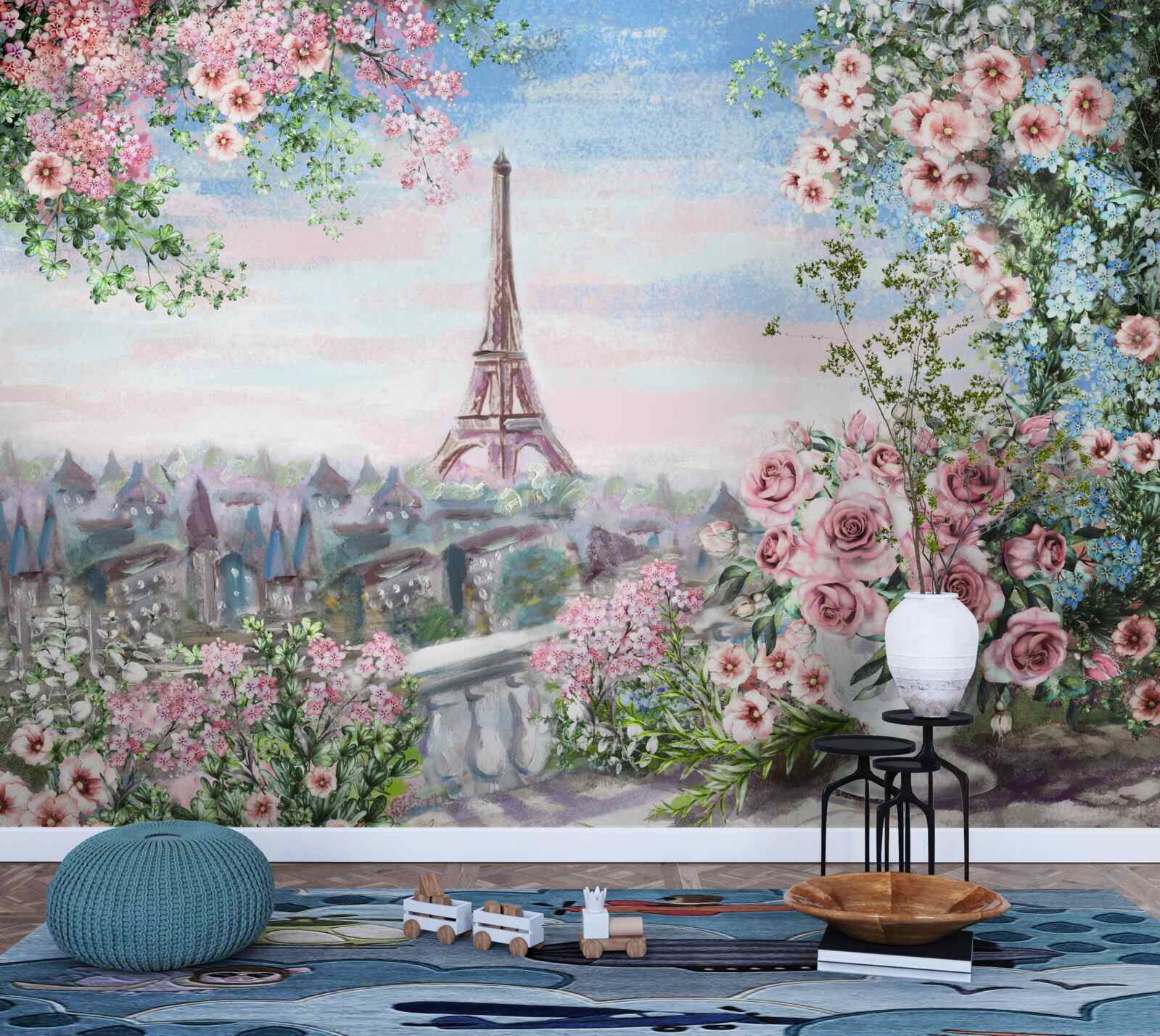 Fototapet flori roz într-o grădină vizavi de turnul eiffel