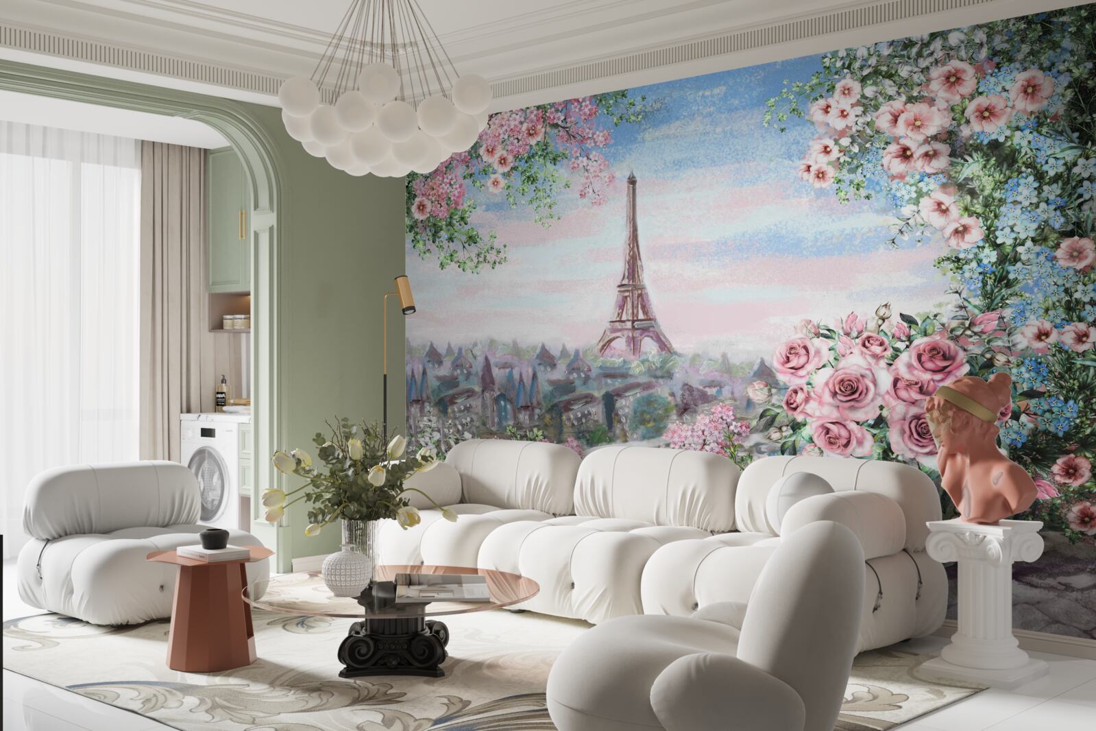 Fototapet flori roz într-o grădină vizavi de turnul eiffel
