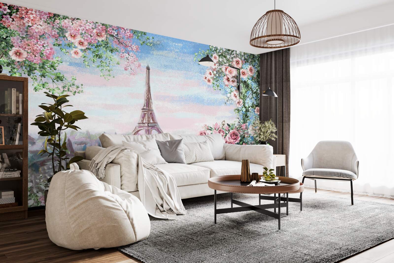 Fototapet flori roz într-o grădină vizavi de turnul eiffel