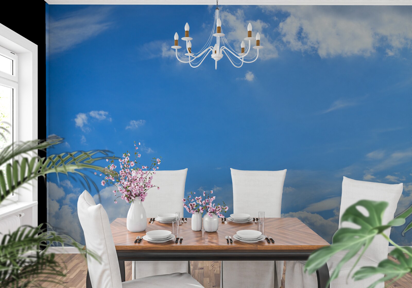 Fototapet albastru ceresc cu nori albi ca zăpada