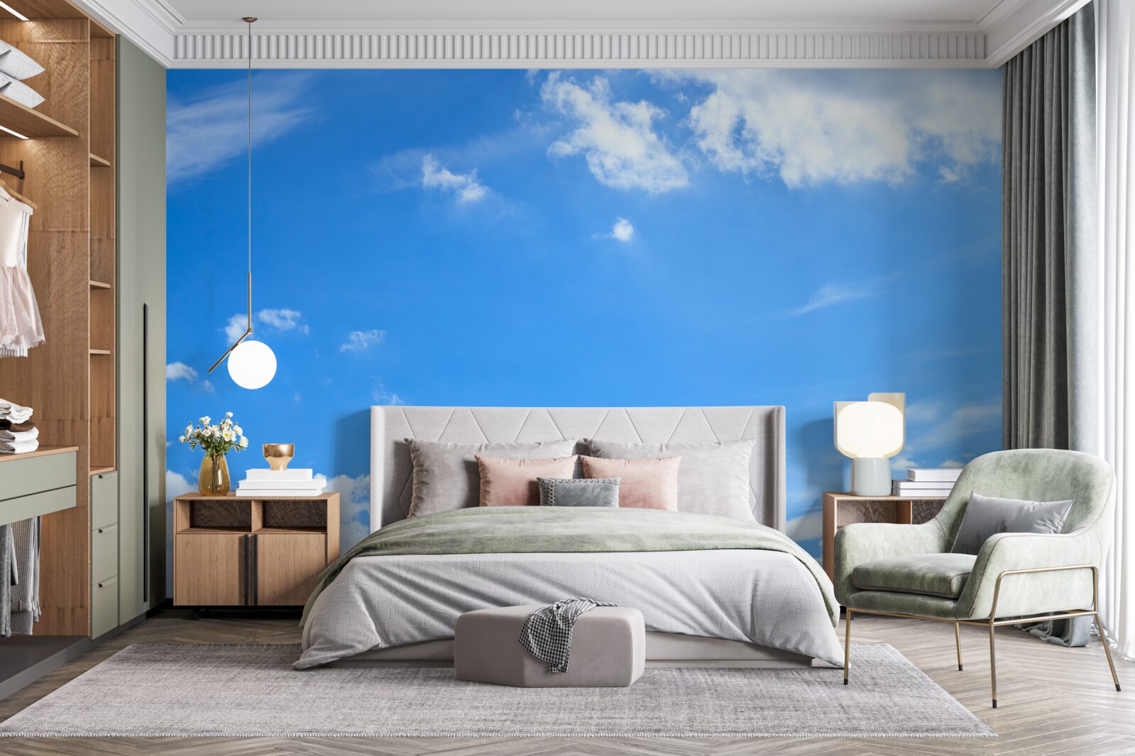 Fototapet albastru ceresc cu nori albi ca zăpada