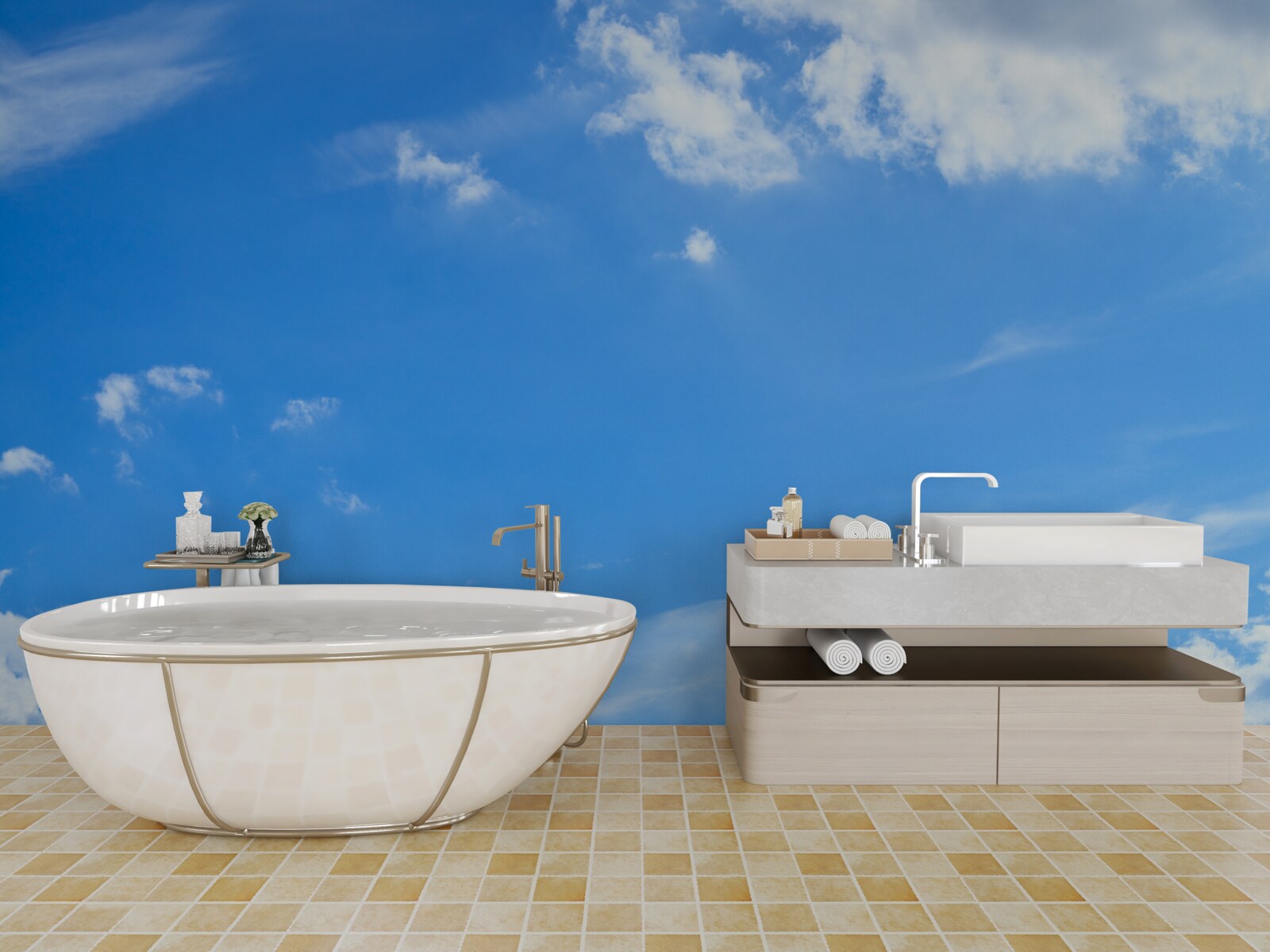 Fototapet albastru ceresc cu nori albi ca zăpada