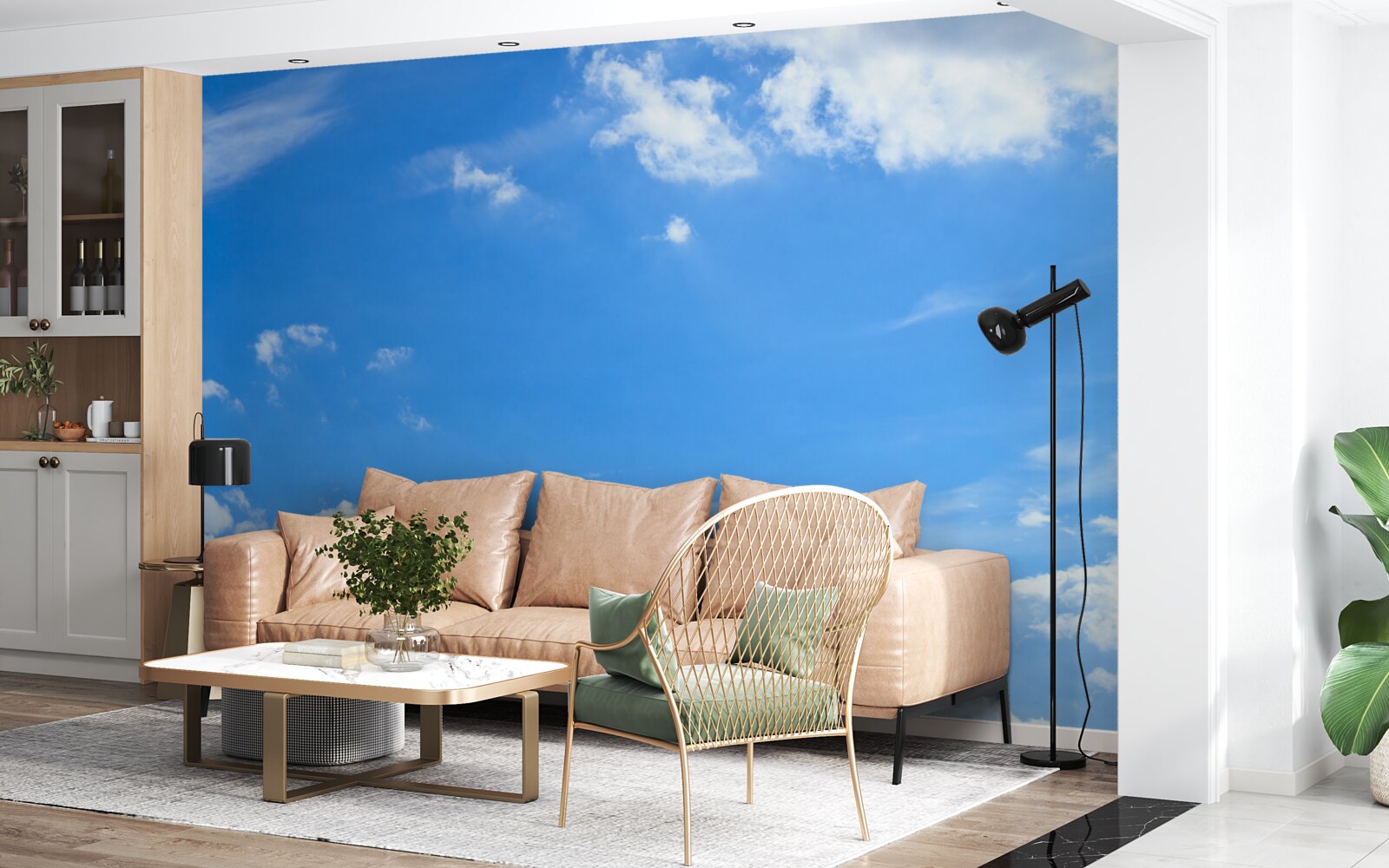 Fototapet albastru ceresc cu nori albi ca zăpada