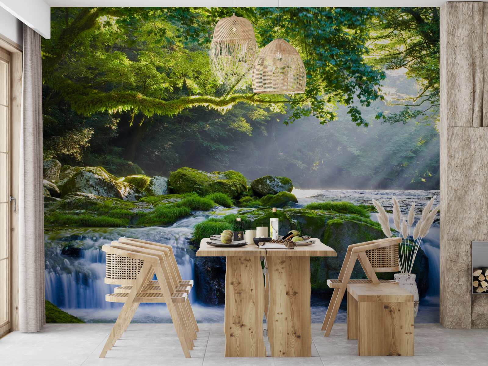 Fototapet razele soarelui ajung la cascada din pădure