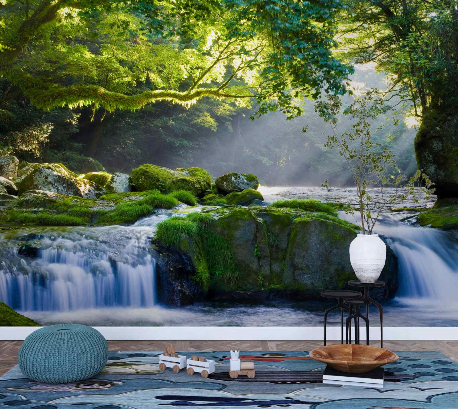 Fototapet razele soarelui ajung la cascada din pădure