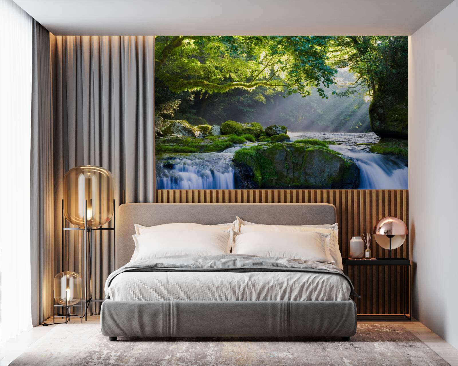 Fototapet razele soarelui ajung la cascada din pădure