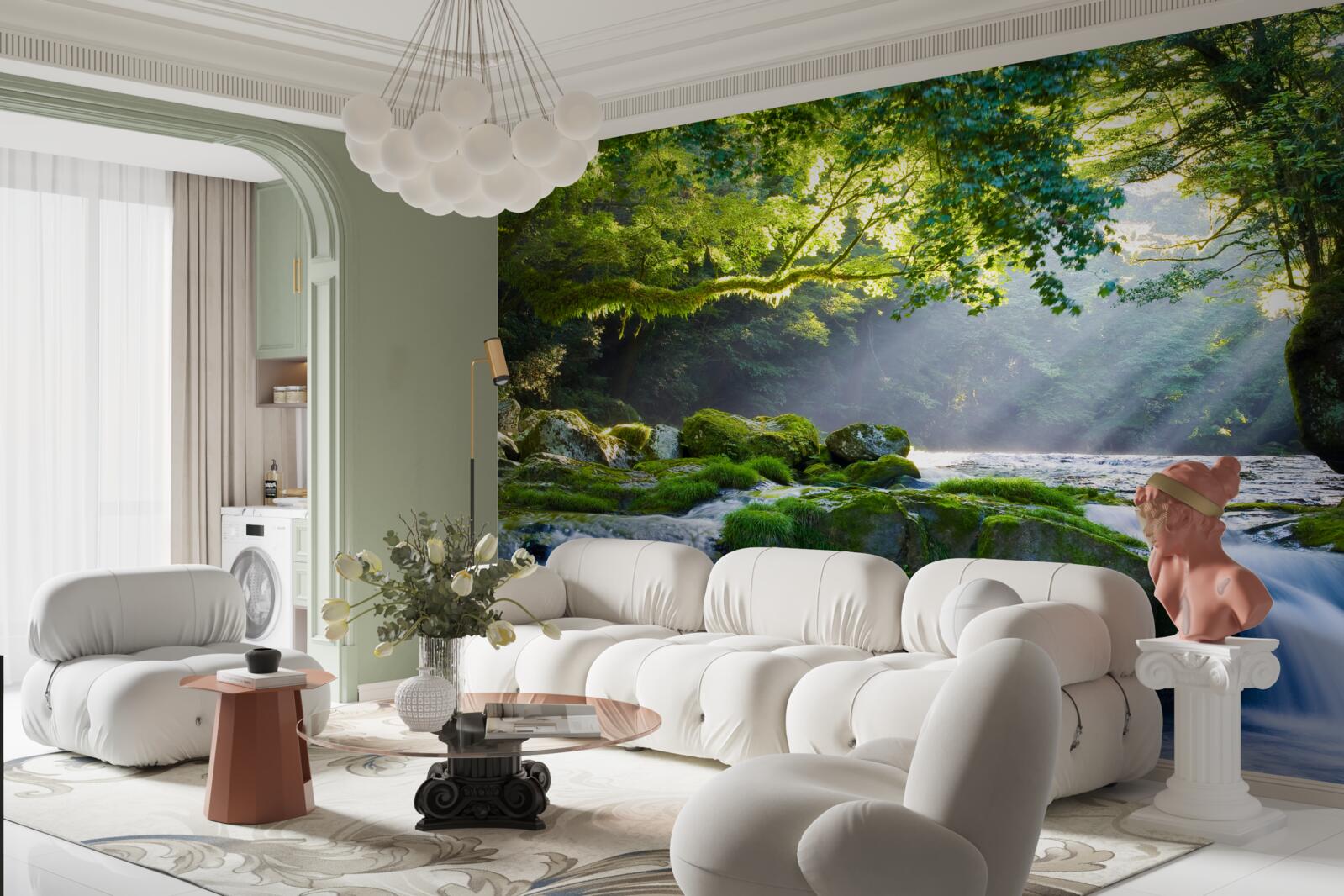 Fototapet razele soarelui ajung la cascada din pădure