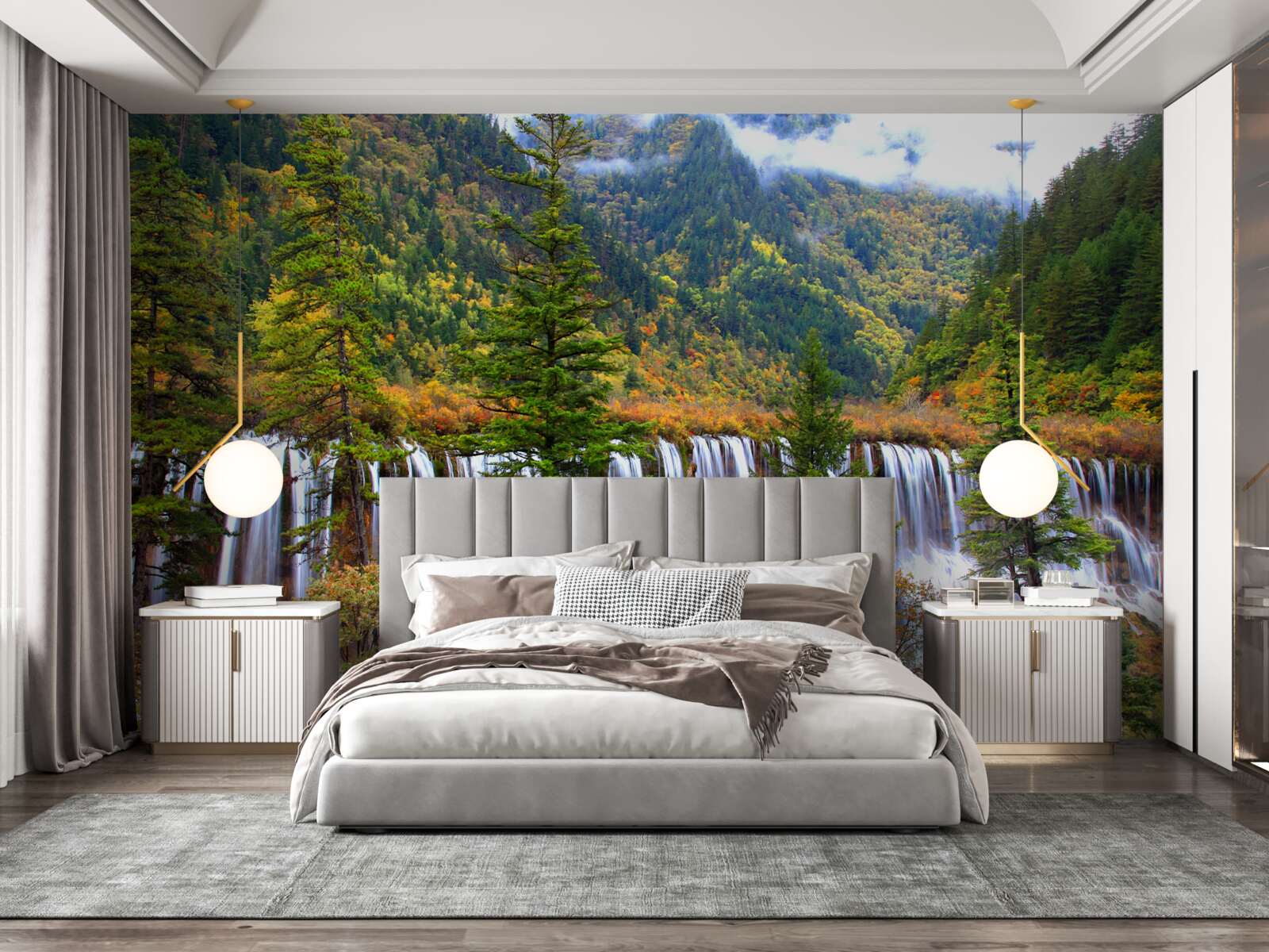 Fototapet o cascadă uriașă care curge pe versantul muntelui