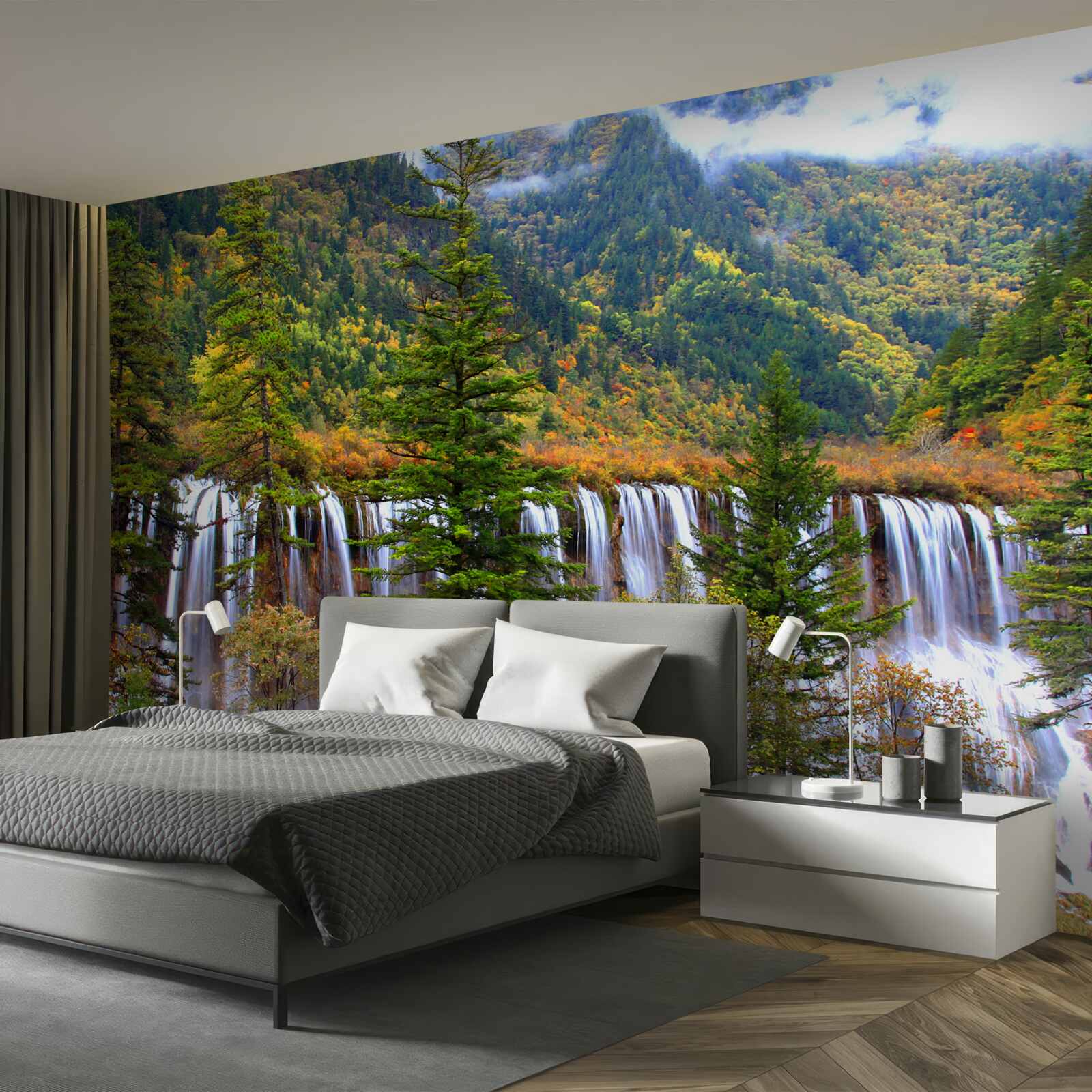 Fototapet o cascadă uriașă care curge pe versantul muntelui