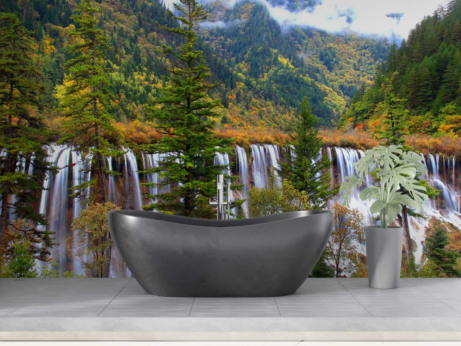 Fototapet o cascadă uriașă care curge pe versantul muntelui