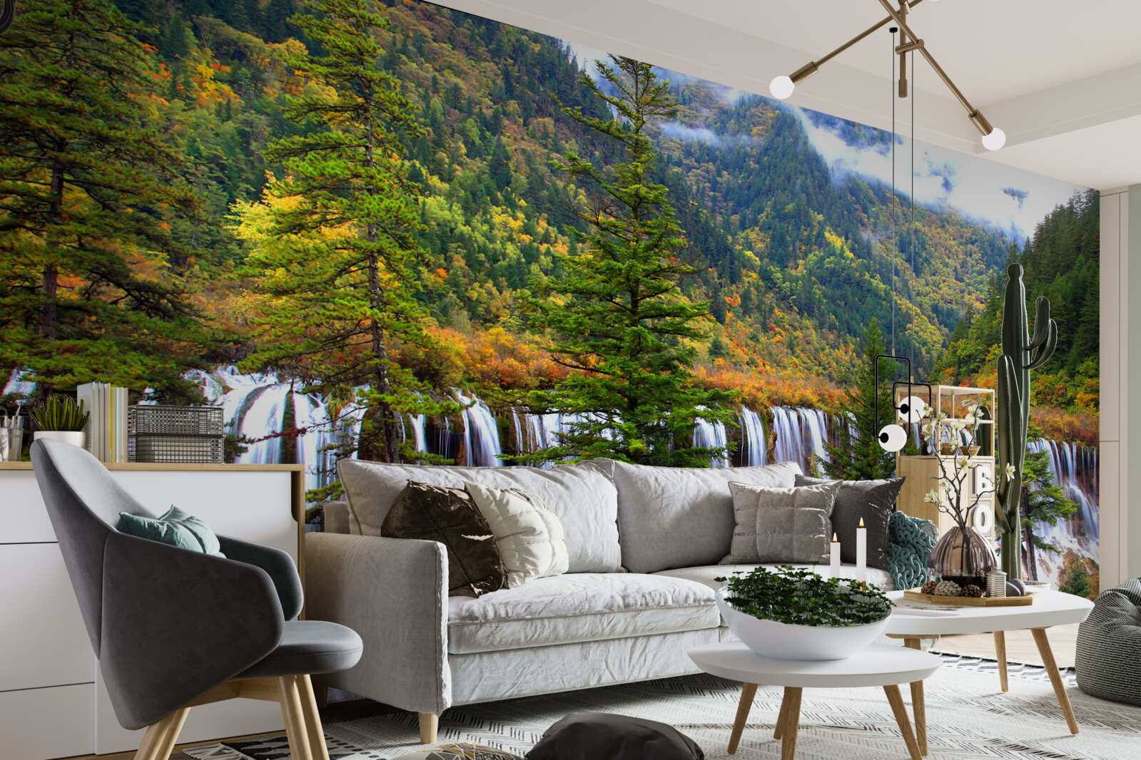 Fototapet o cascadă uriașă care curge pe versantul muntelui