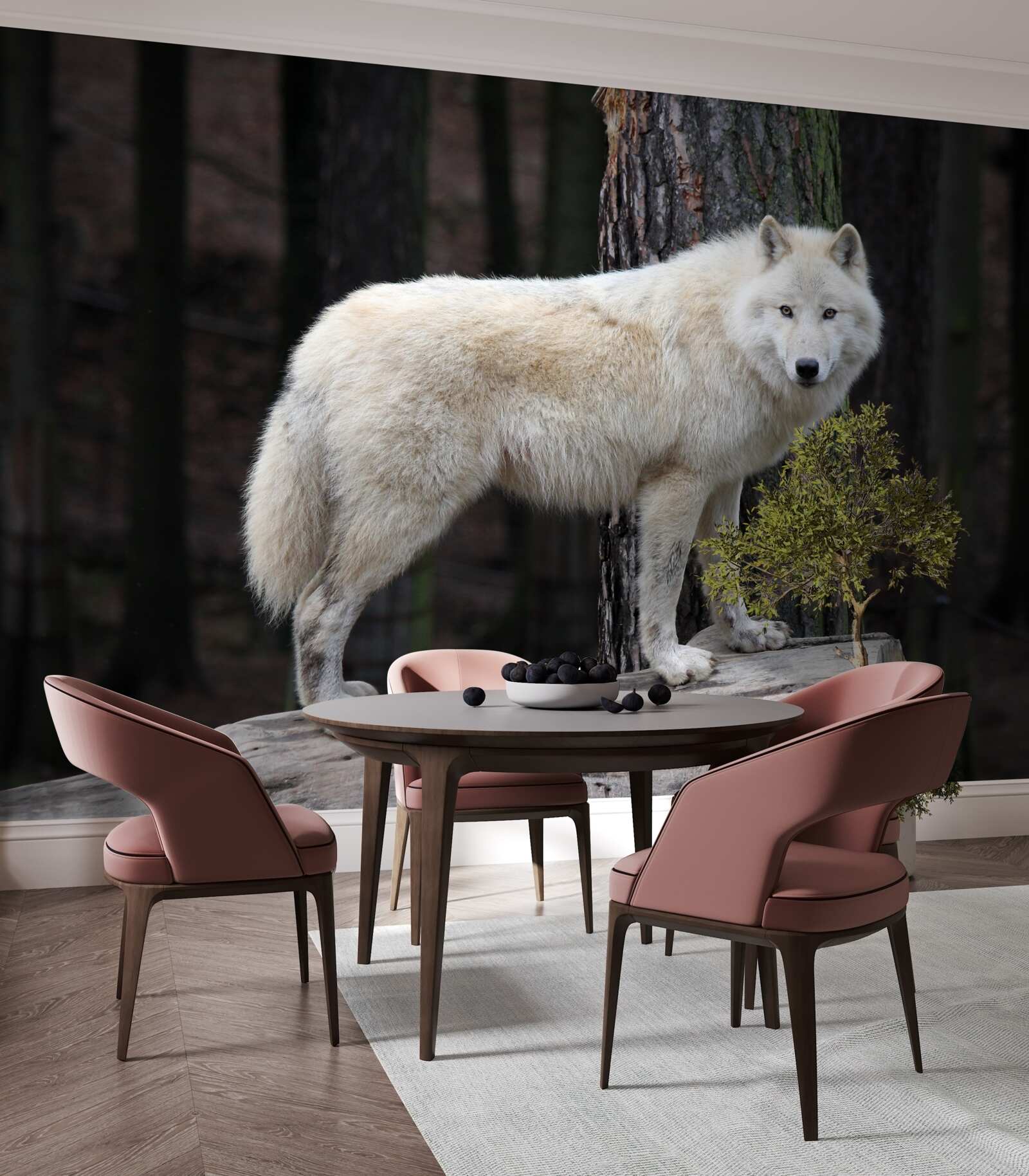 Fototapet lup gri pe un buștean de lemn