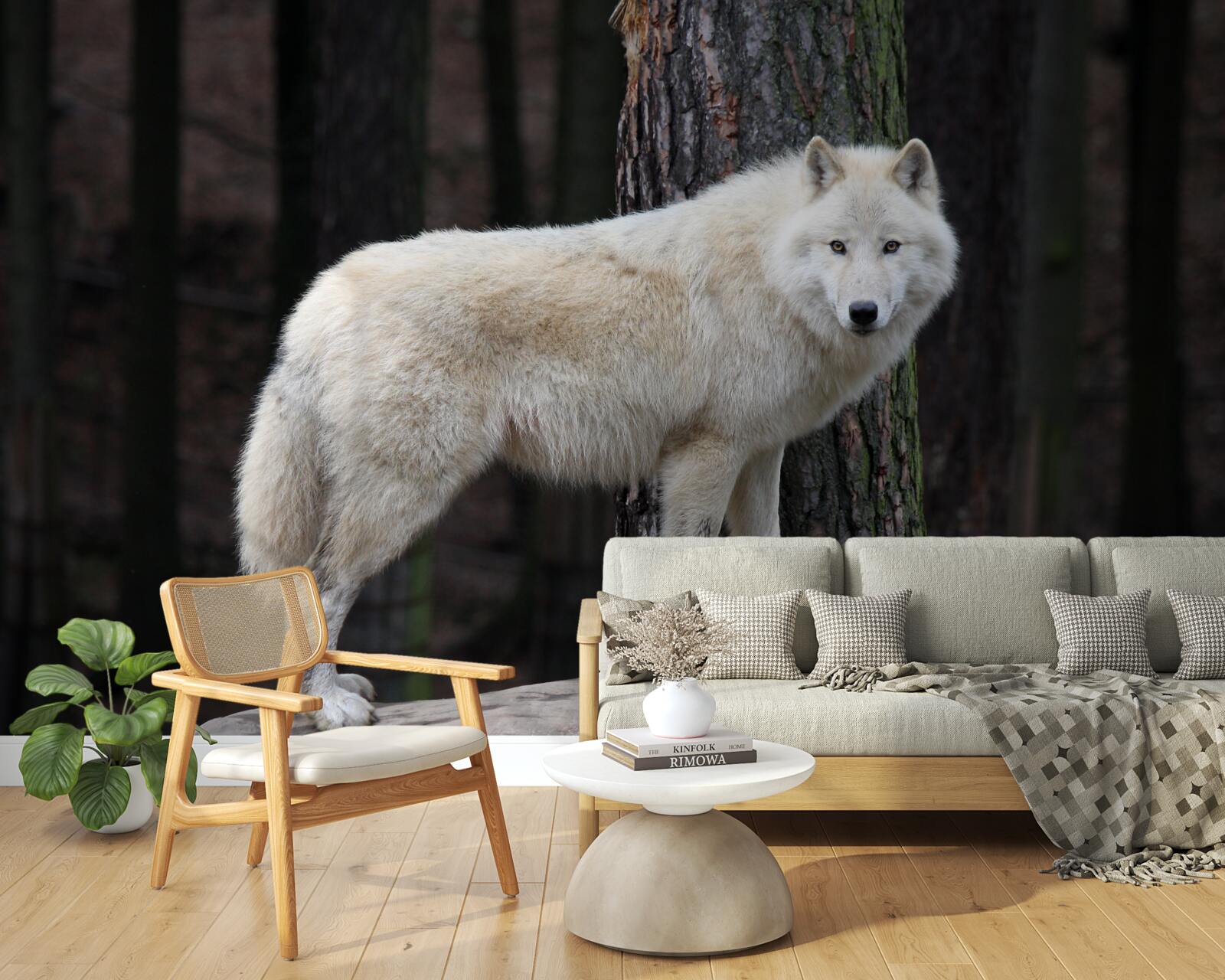 Fototapet lup gri pe un buștean de lemn