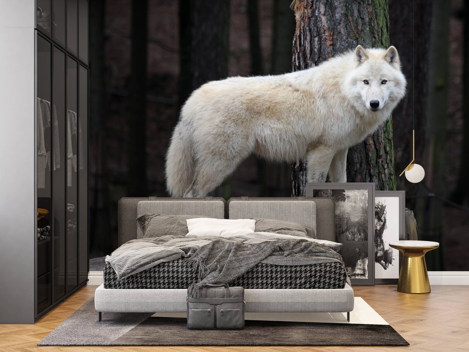 Fototapet lup gri pe un buștean de lemn