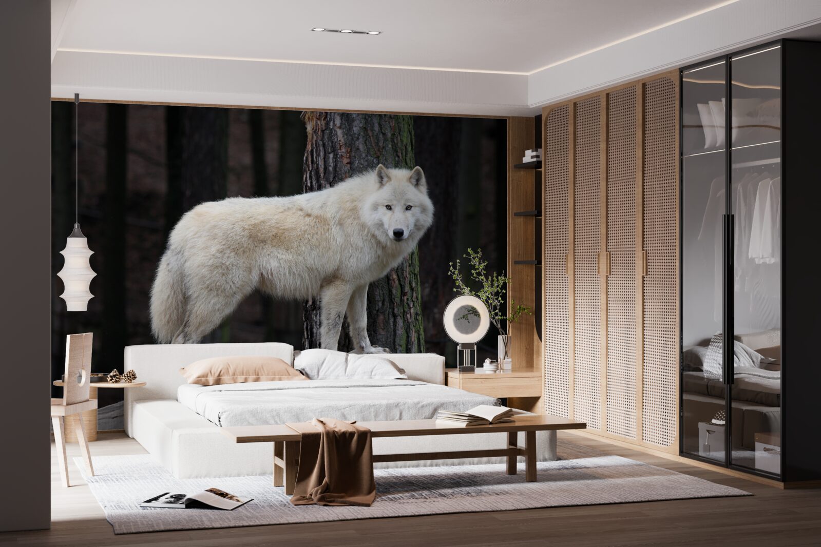 Fototapet lup gri pe un buștean de lemn