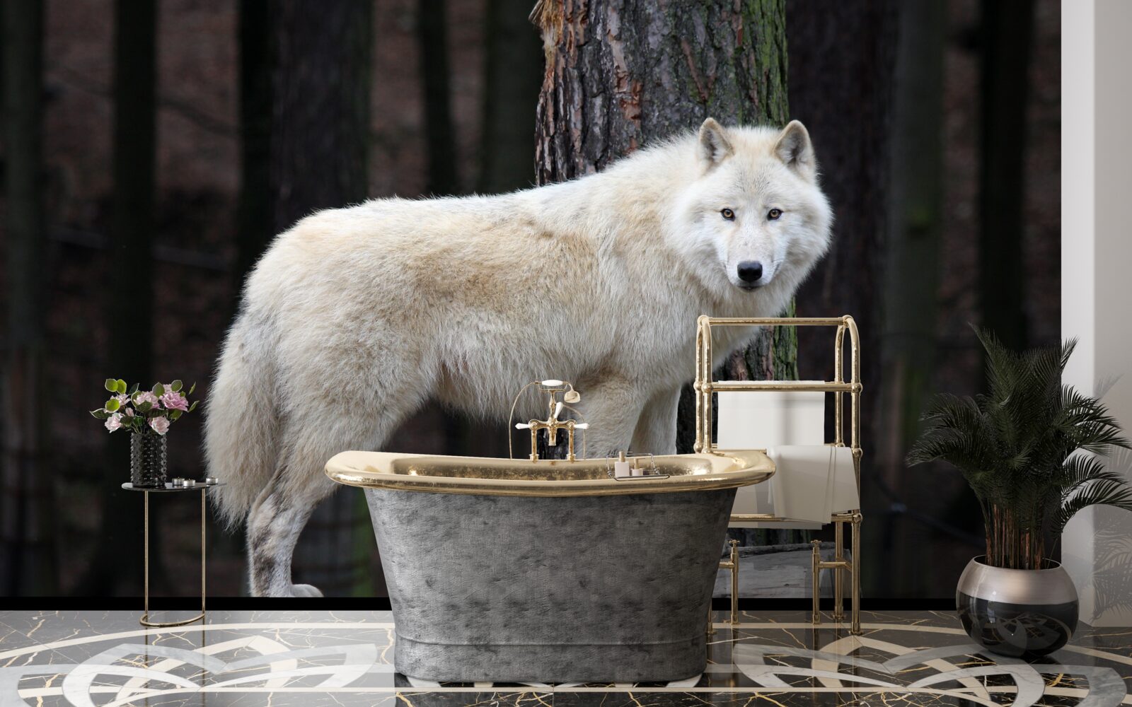 Fototapet lup gri pe un buștean de lemn