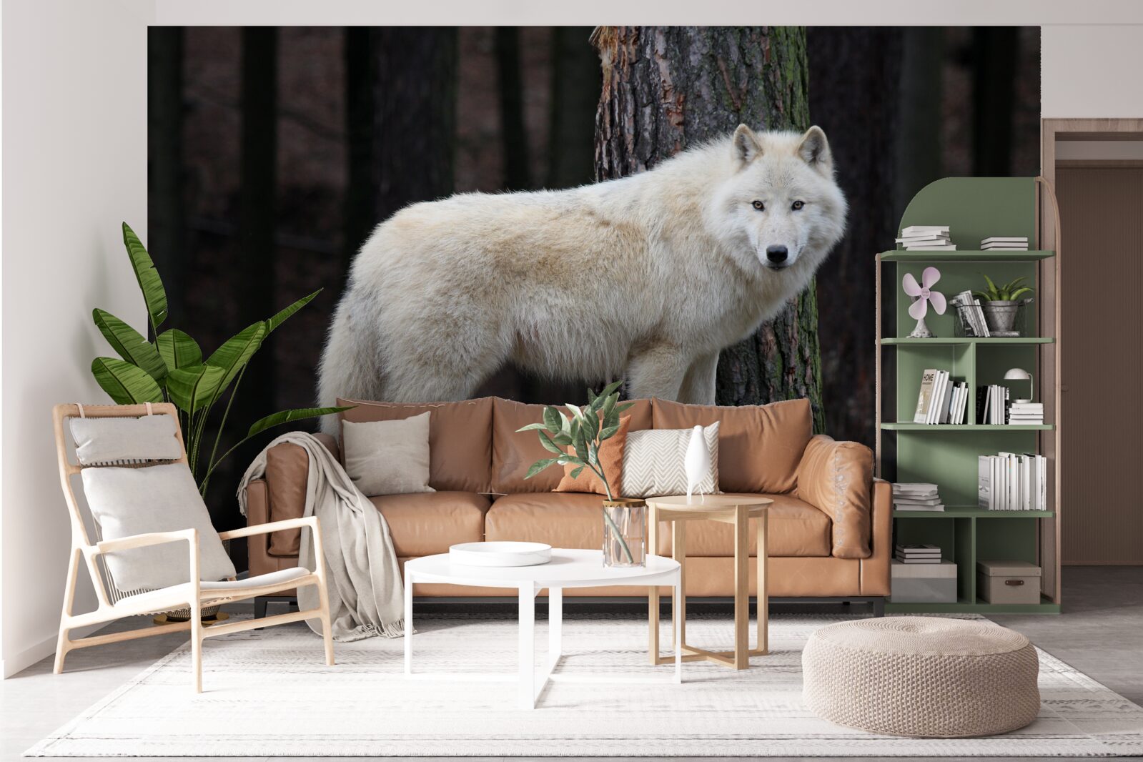 Fototapet lup gri pe un buștean de lemn