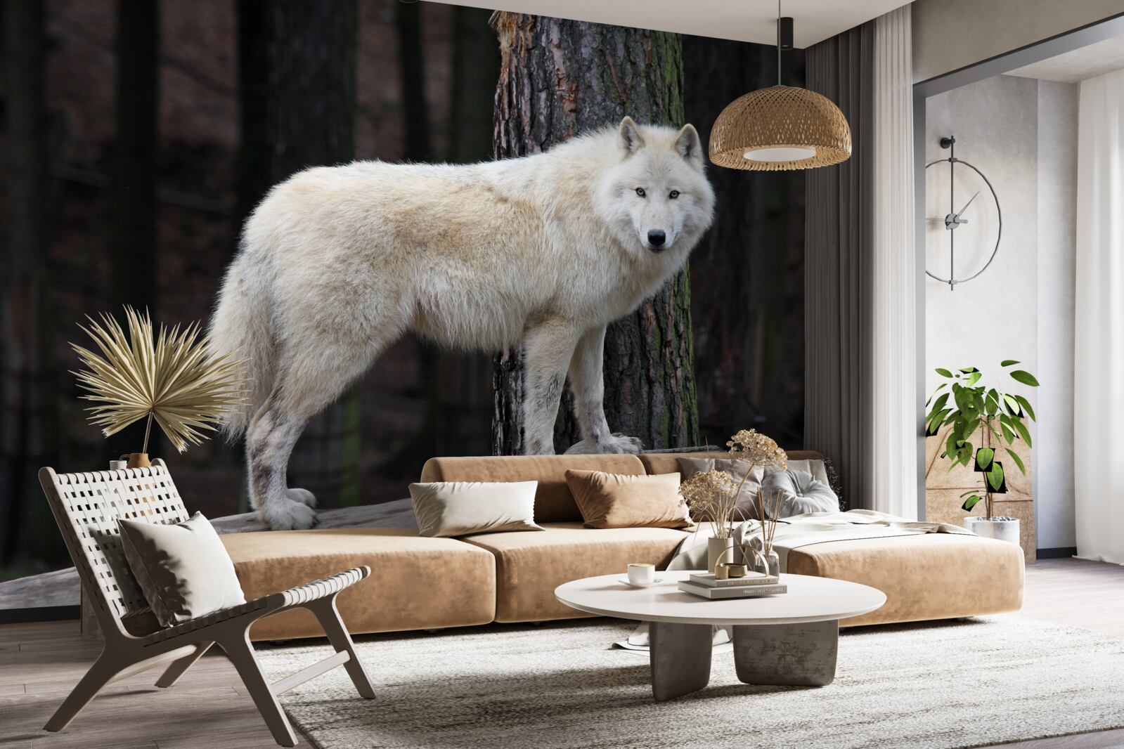 Fototapet lup gri pe un buștean de lemn