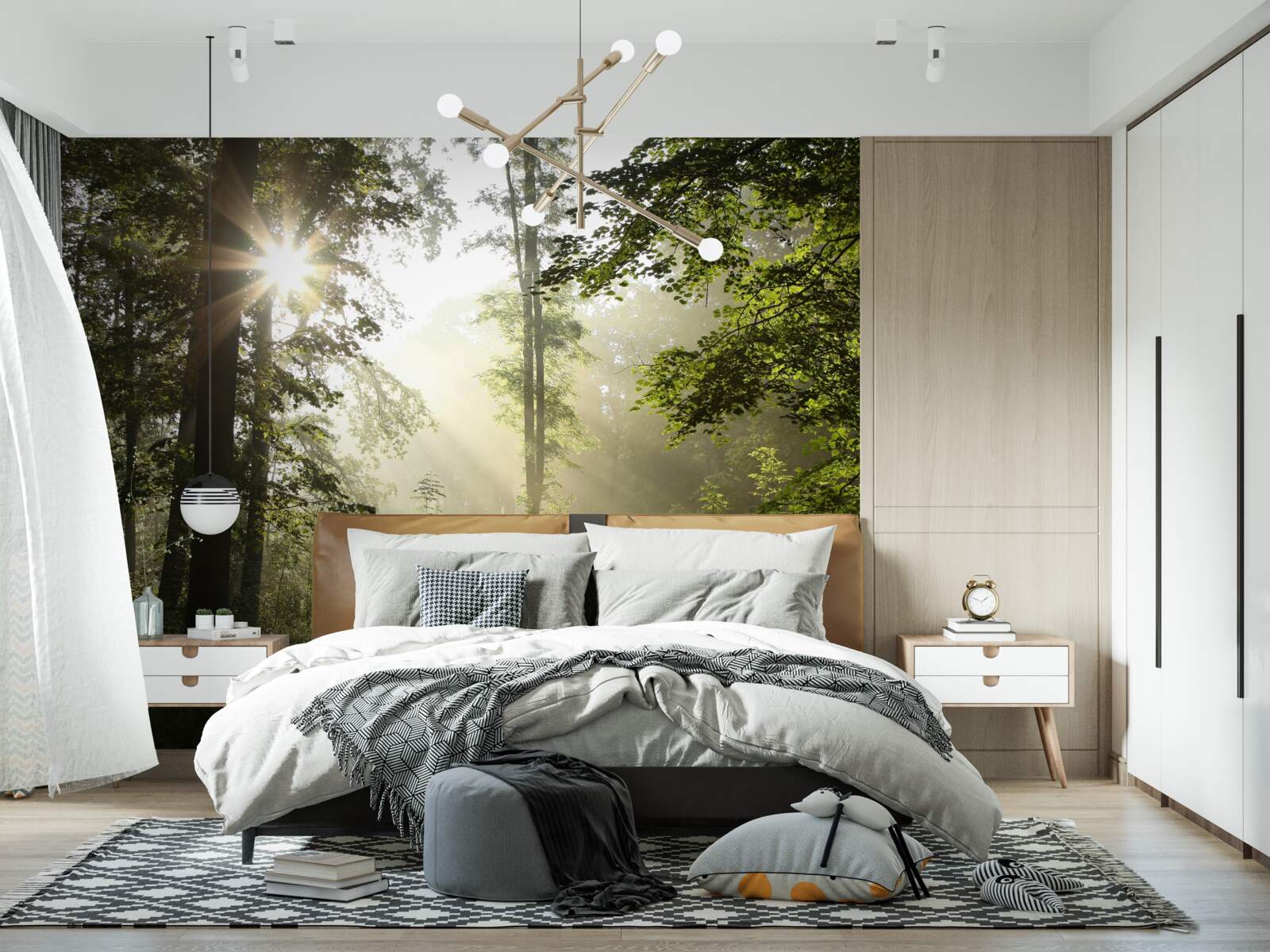 Fototapet razele soarelui alungă frigul nopții din copaci