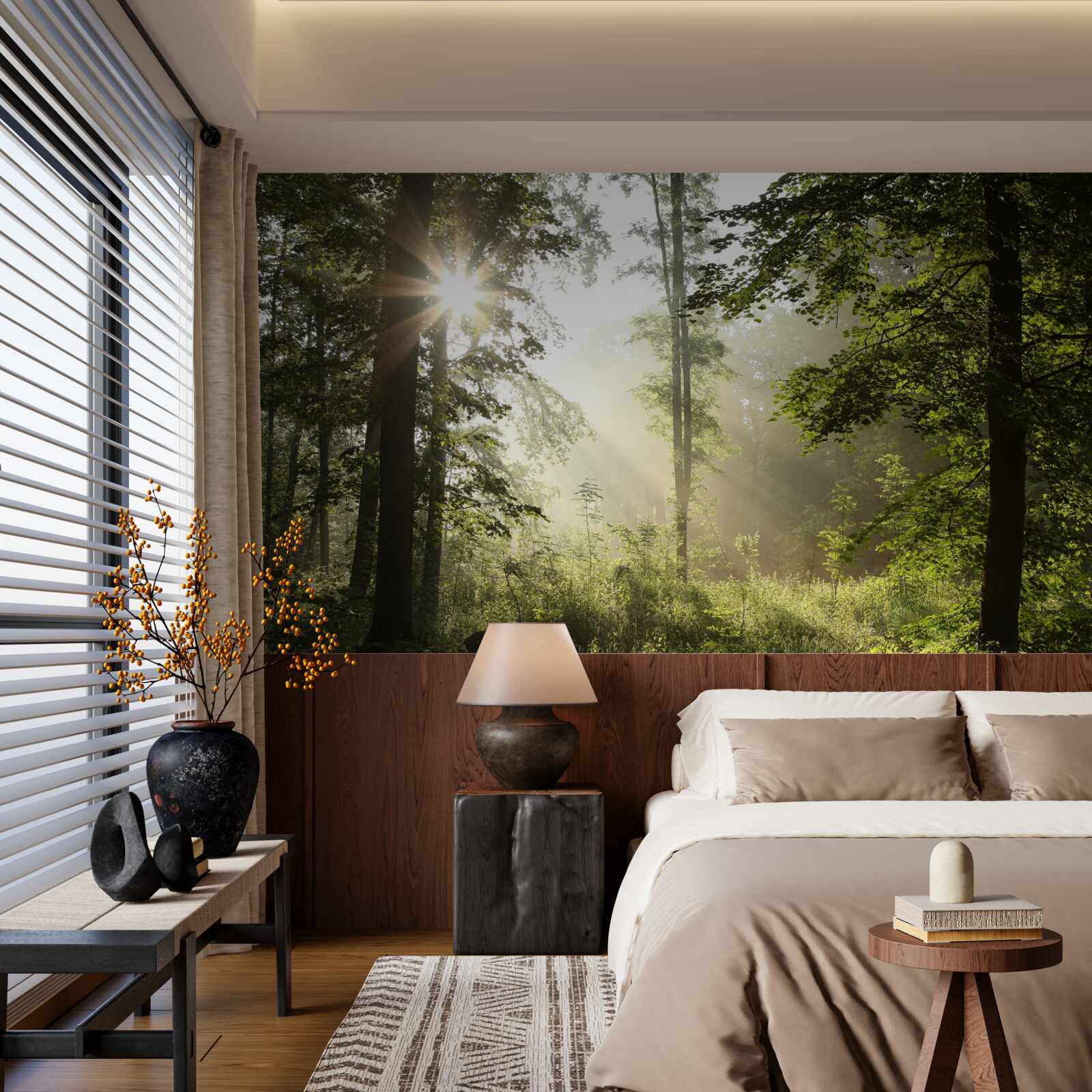 Fototapet razele soarelui alungă frigul nopții din copaci