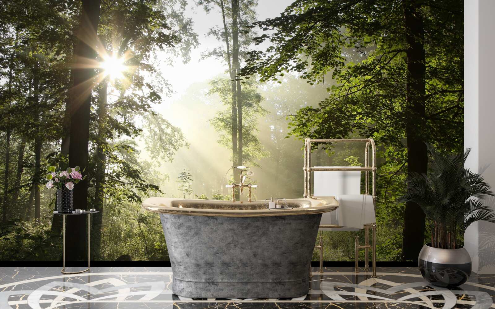 Fototapet razele soarelui alungă frigul nopții din copaci