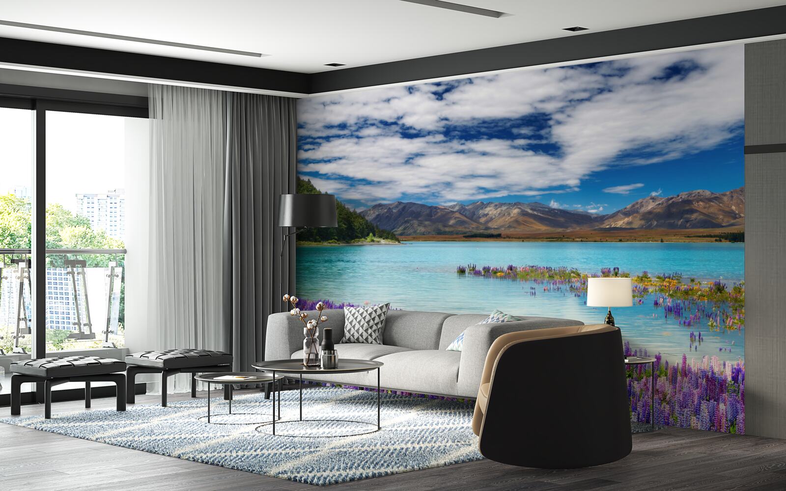 Fototapet florile se reflectă în apa cristalină a unui lac de munte